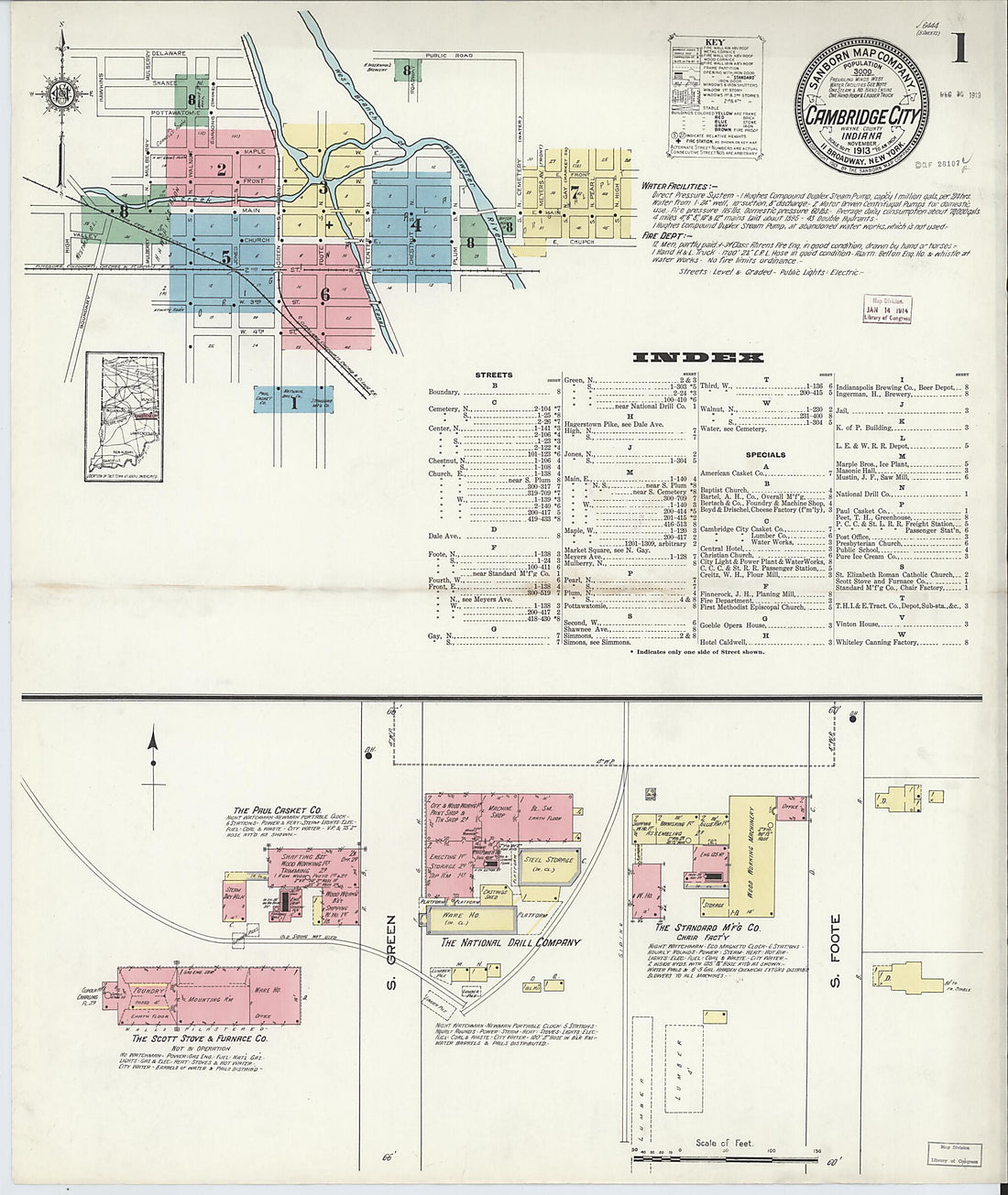 This old map of Cambridge City, Wayne County, Indiana was created by Sanborn Map Company in 1913