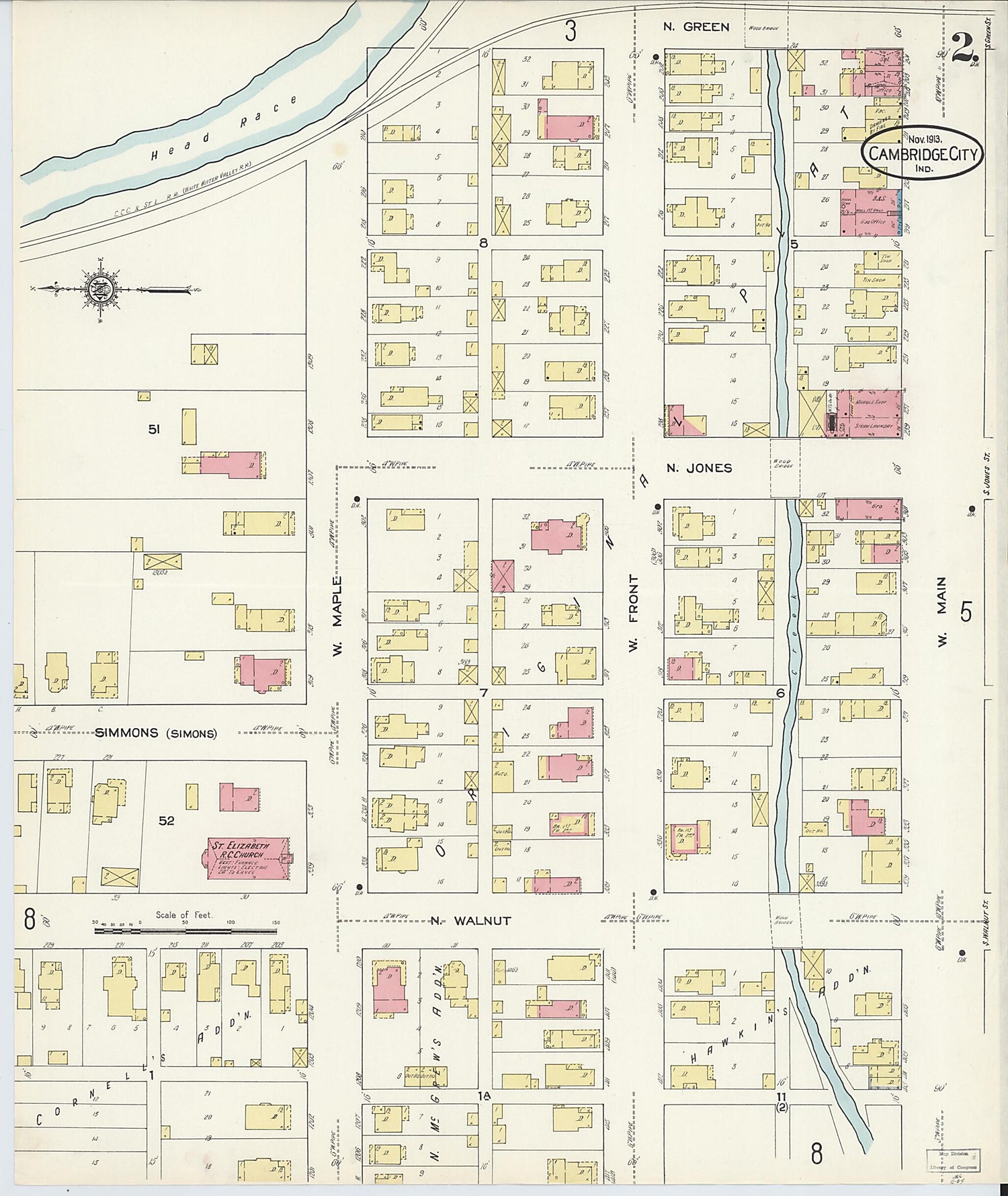 This old map of Cambridge City, Wayne County, Indiana was created by Sanborn Map Company in 1913