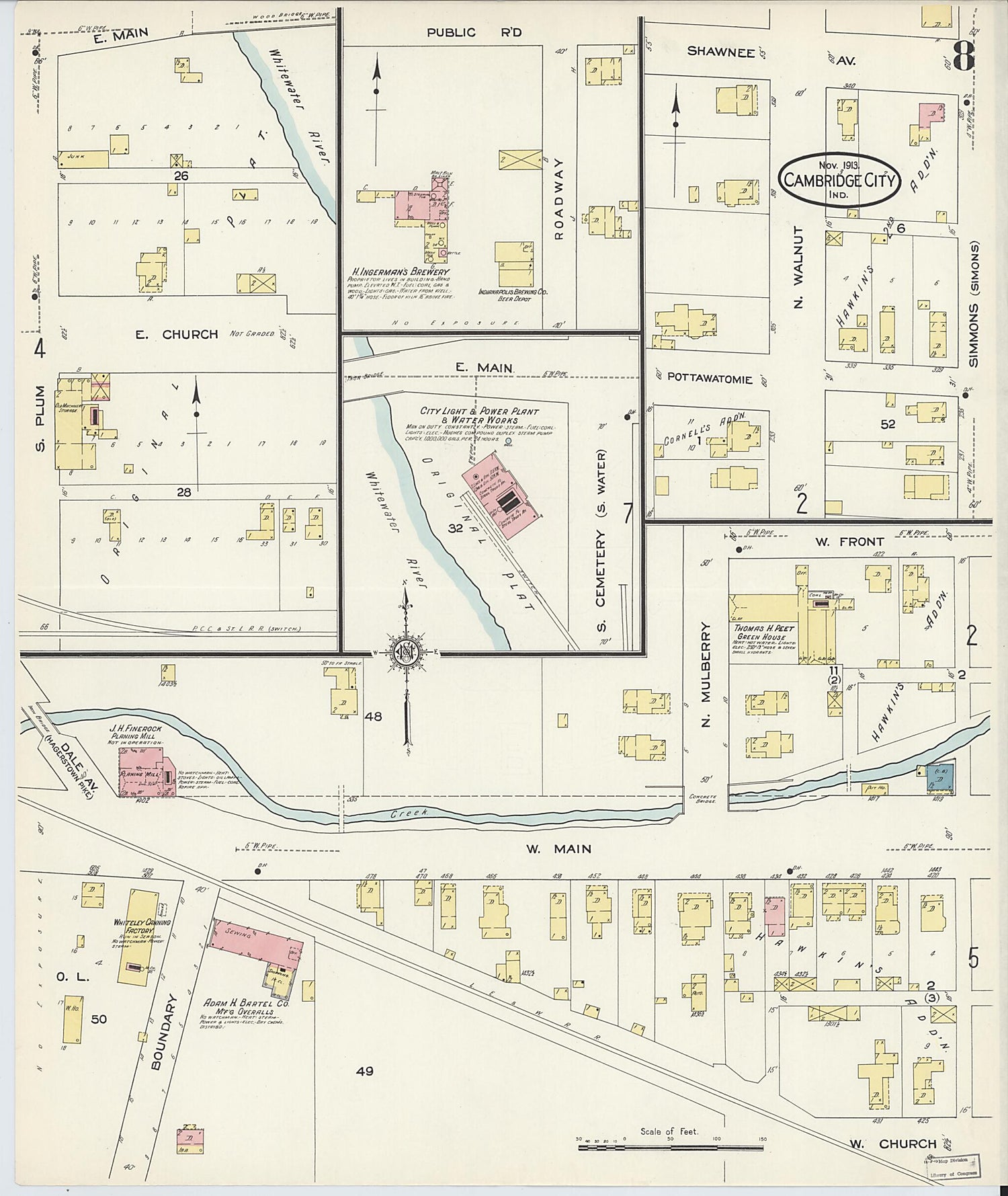 This old map of Cambridge City, Wayne County, Indiana was created by Sanborn Map Company in 1913