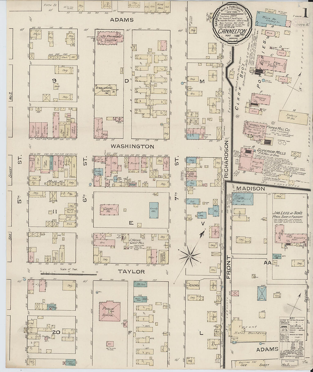 This old map of Cannelton, Perry County, Indiana was created by Sanborn Map Company in 1886