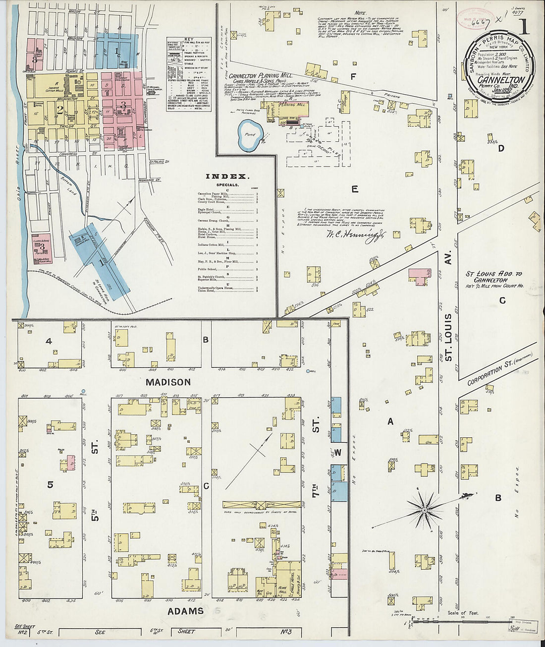 This old map of Cannelton, Perry County, Indiana was created by Sanborn Map Company in 1892