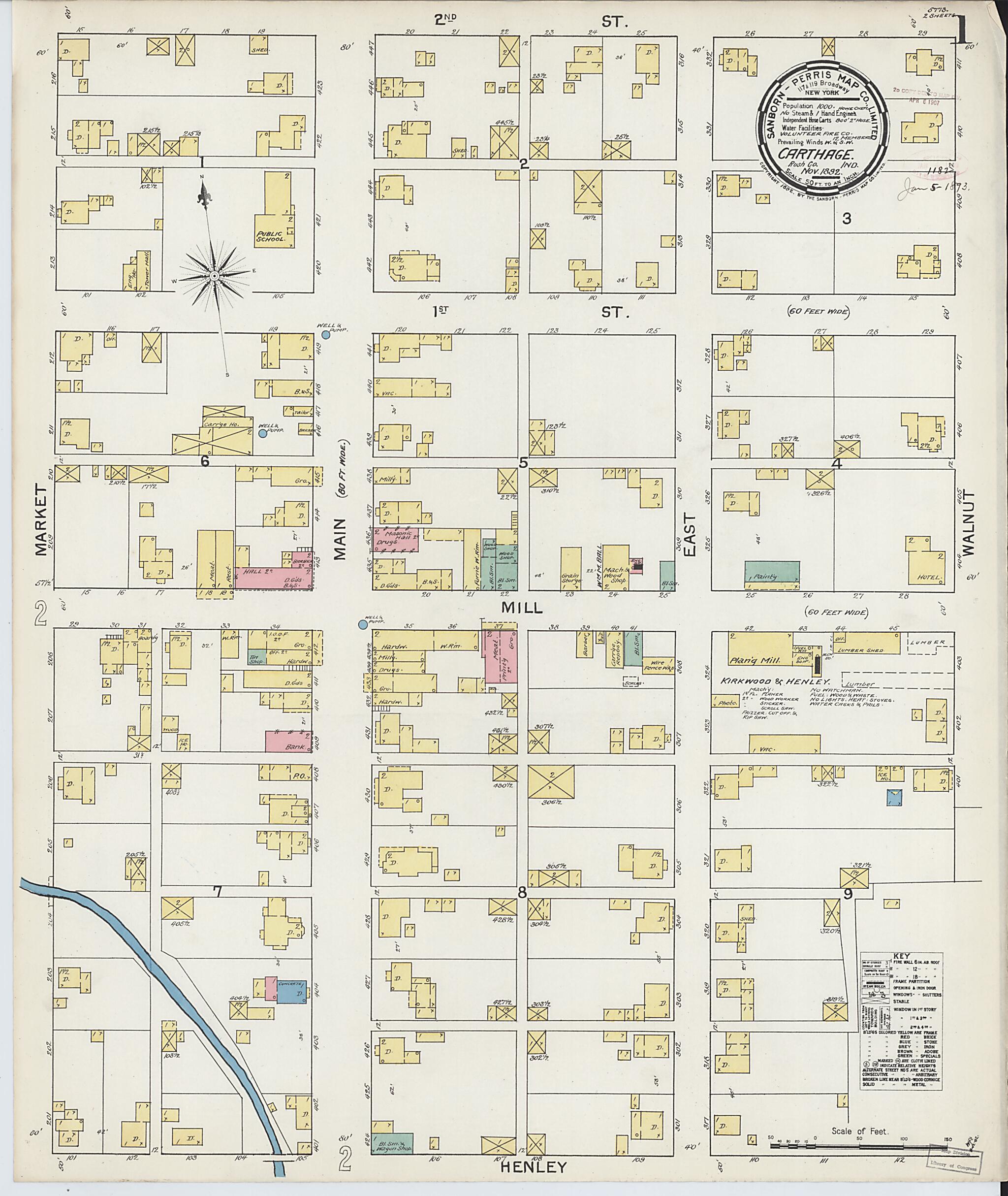 This old map of Carthage, Rush County, Indiana was created by Sanborn Map Company in 1892