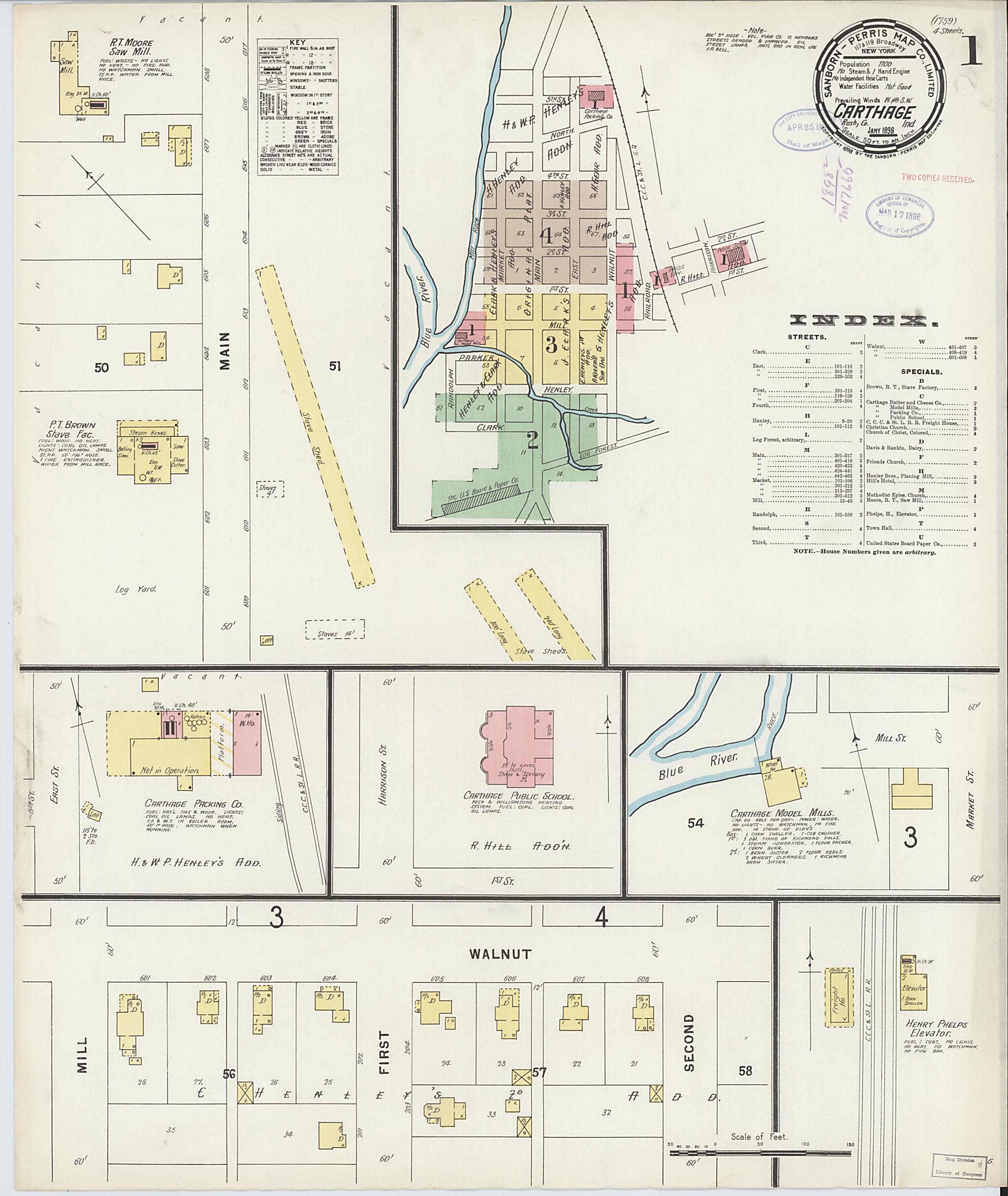 This old map of Carthage, Rush County, Indiana was created by Sanborn Map Company in 1898