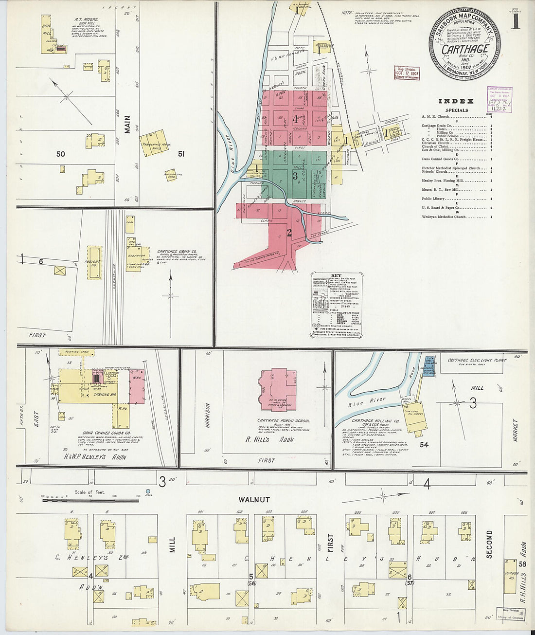 This old map of Carthage, Rush County, Indiana was created by Sanborn Map Company in 1907