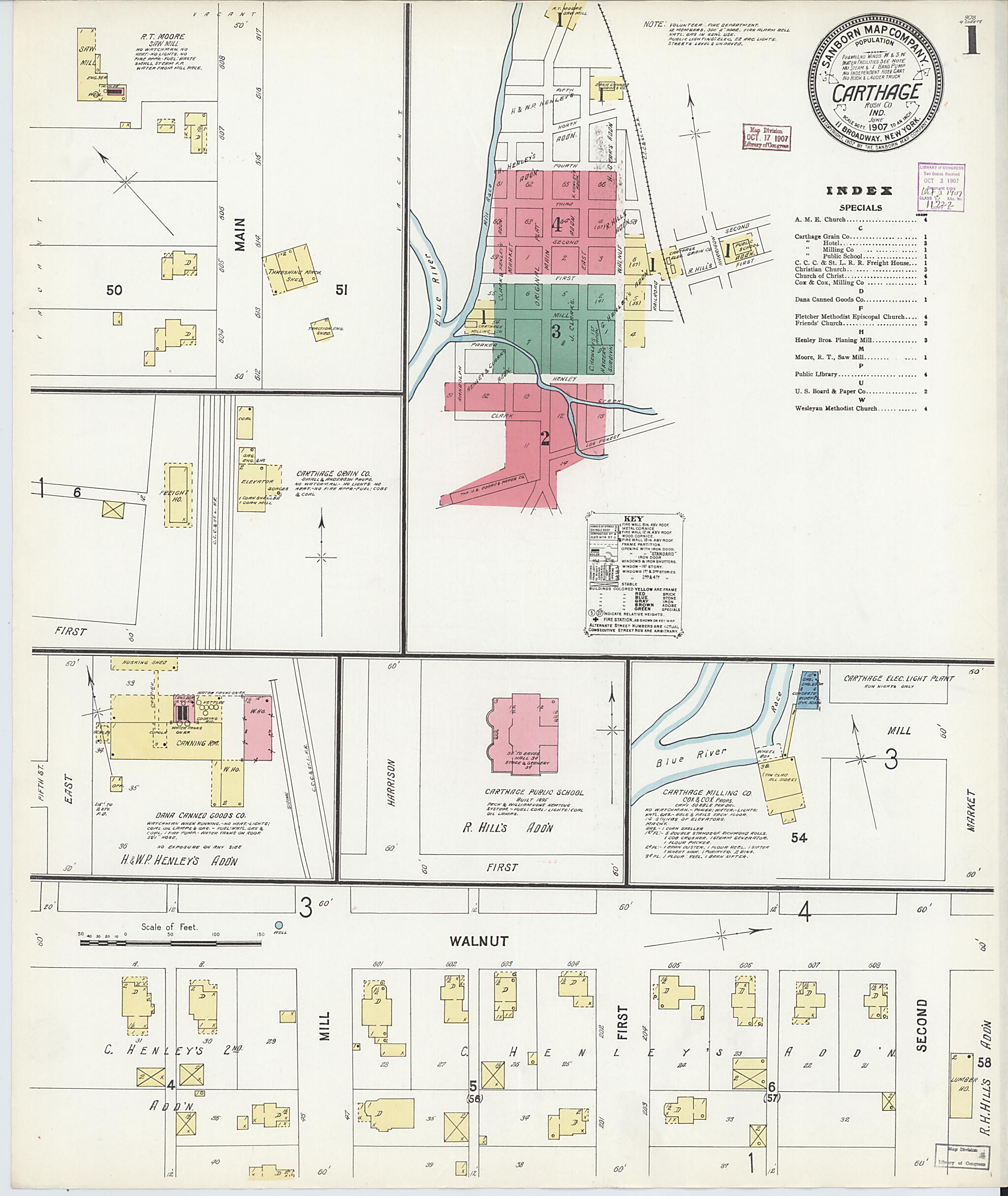 This old map of Carthage, Rush County, Indiana was created by Sanborn Map Company in 1907