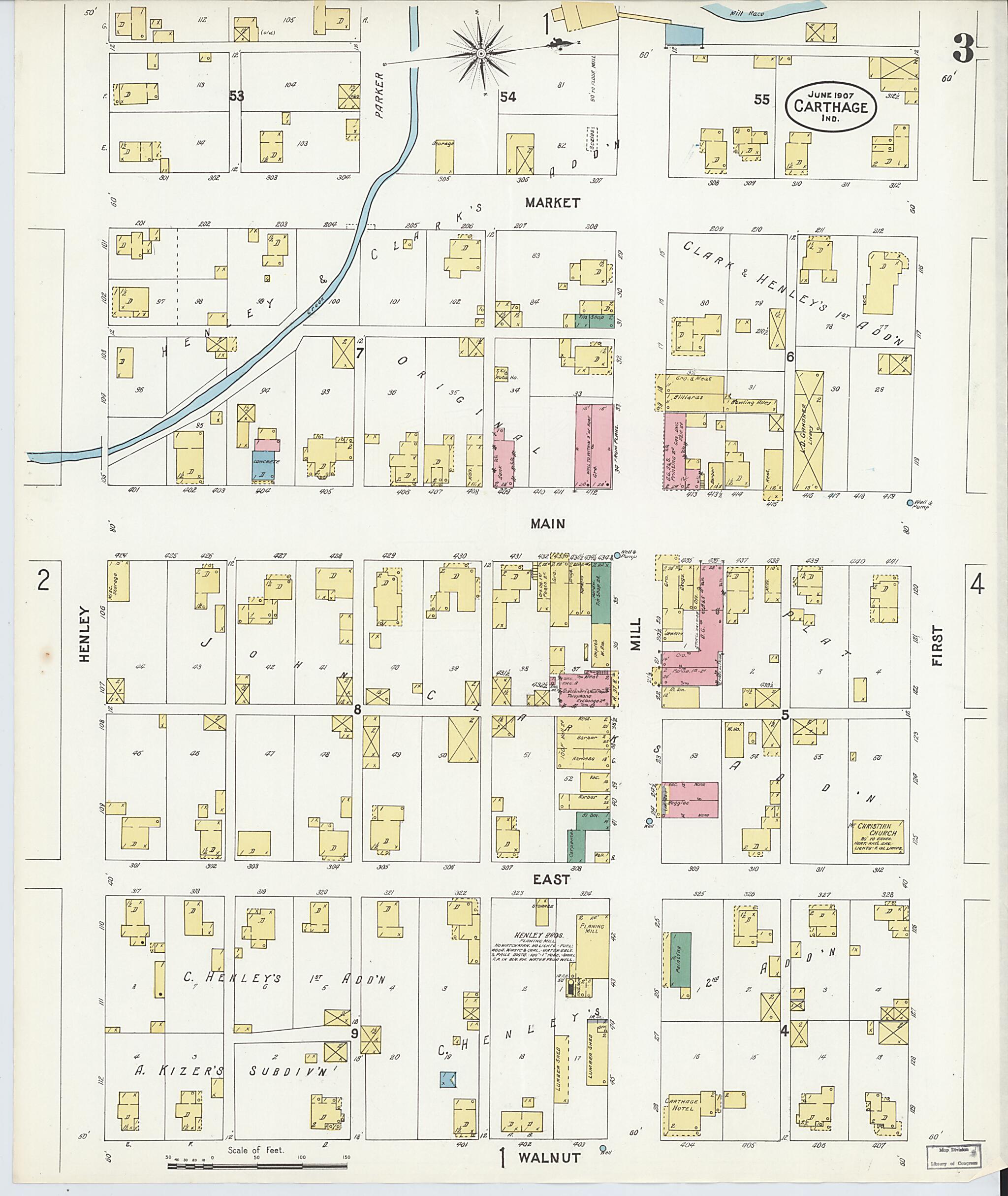 This old map of Carthage, Rush County, Indiana was created by Sanborn Map Company in 1907