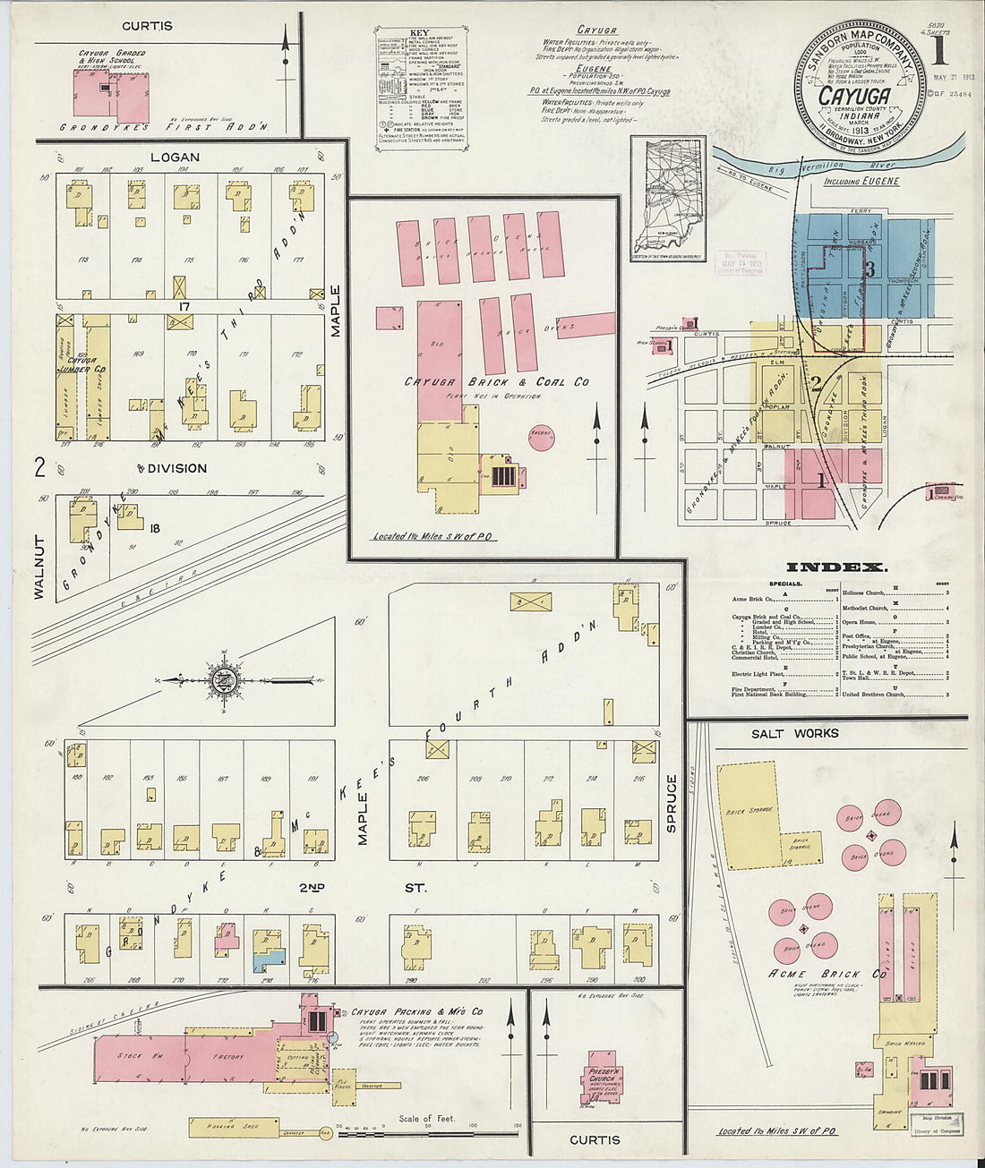 This old map of Eugene, Vermillion County, Indiana was created by Sanborn Map Company in 1913