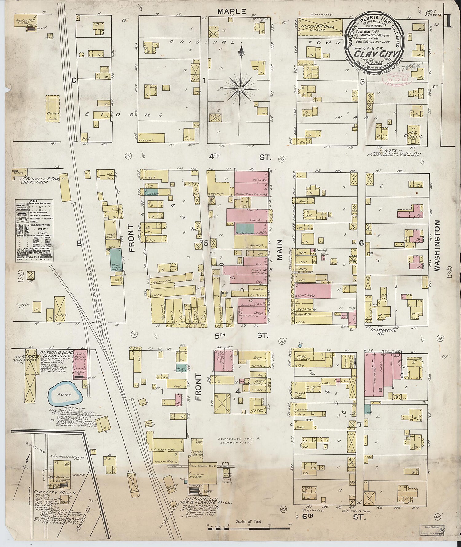 This old map of Clay City, Clay County, Indiana was created by Sanborn Map Company in 1892