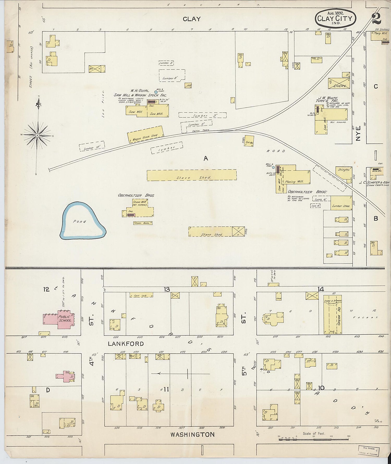 This old map of Clay City, Clay County, Indiana was created by Sanborn Map Company in 1892