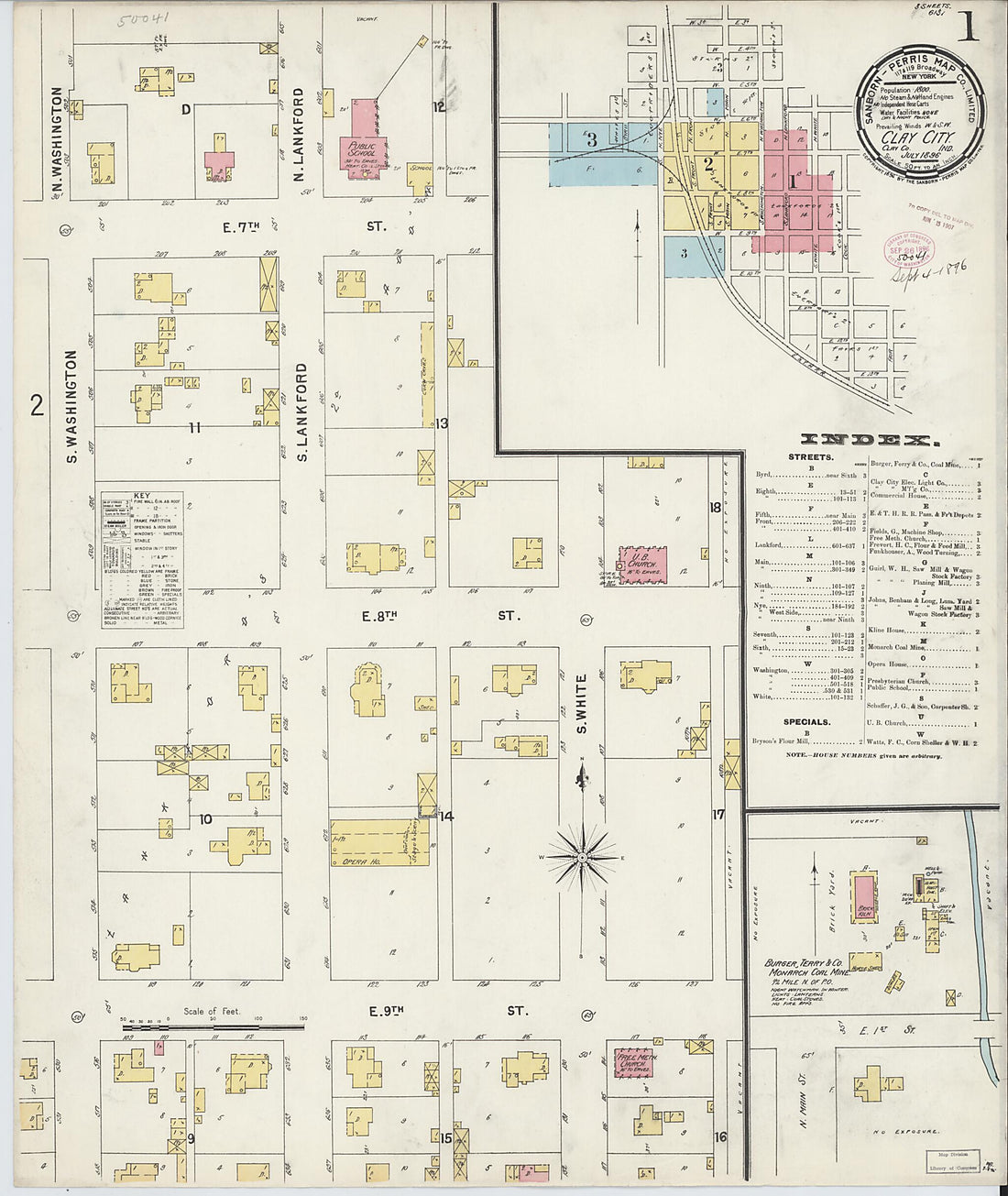 This old map of Clay City, Clay County, Indiana was created by Sanborn Map Company in 1896