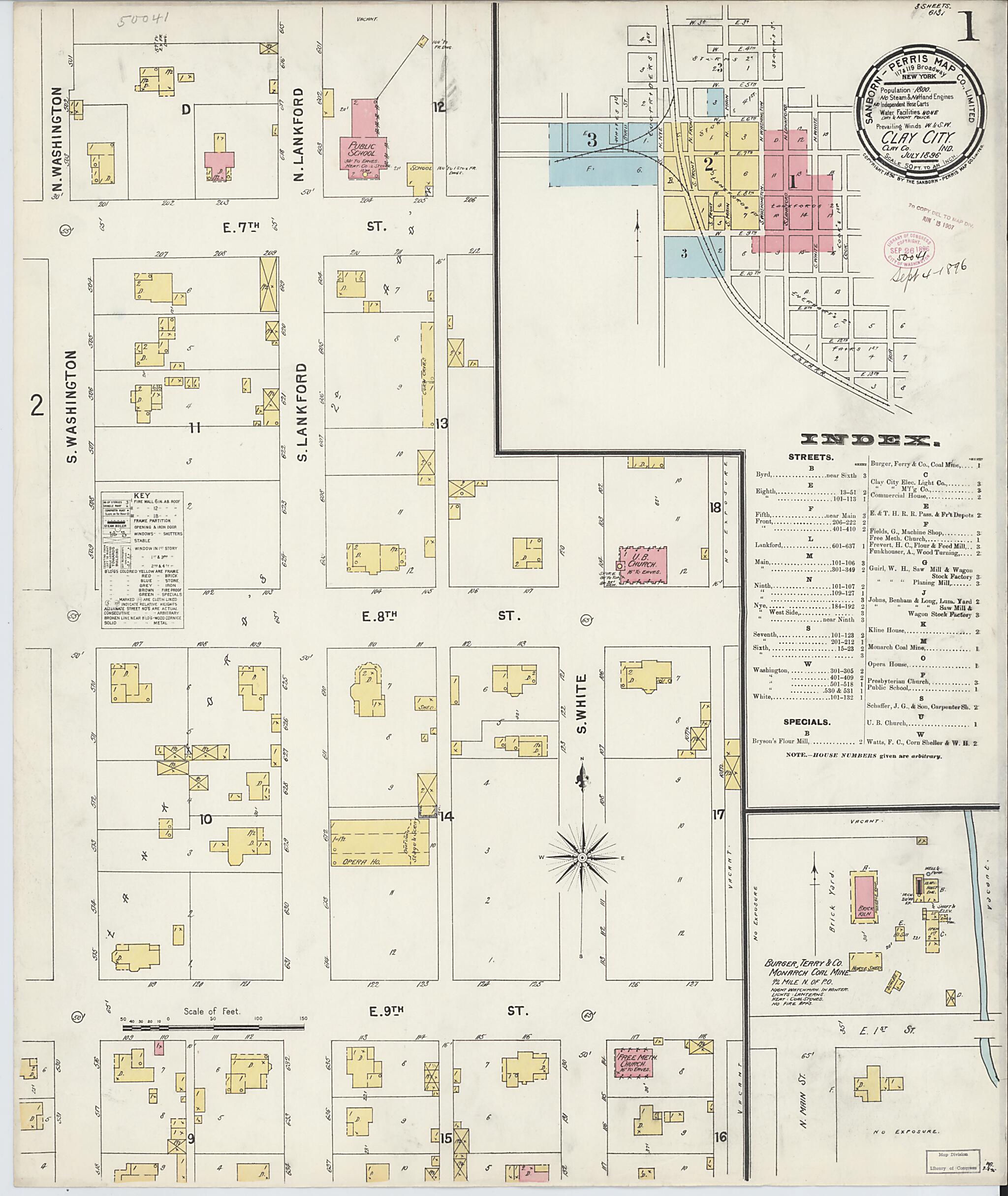 This old map of Clay City, Clay County, Indiana was created by Sanborn Map Company in 1896