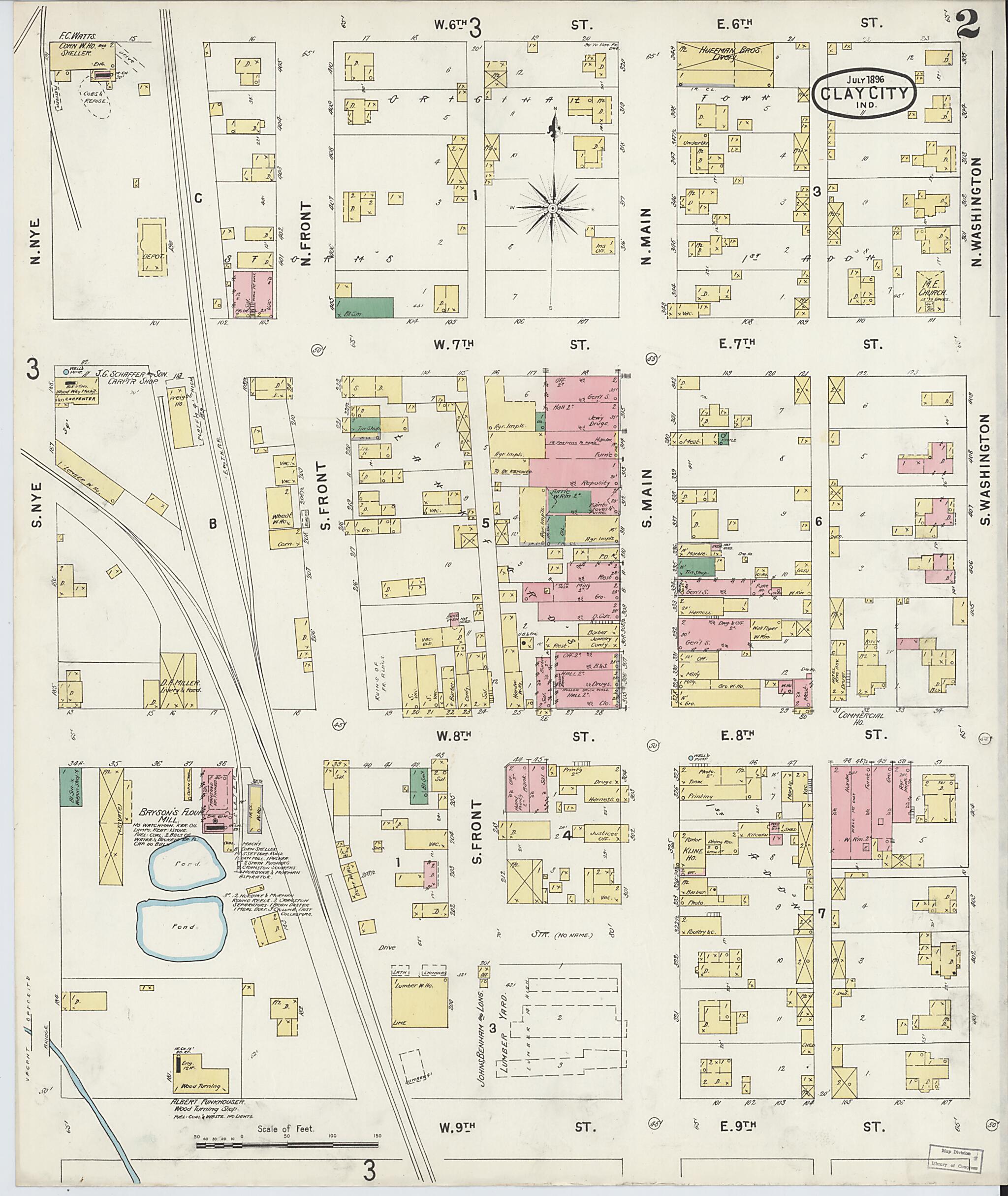 This old map of Clay City, Clay County, Indiana was created by Sanborn Map Company in 1896