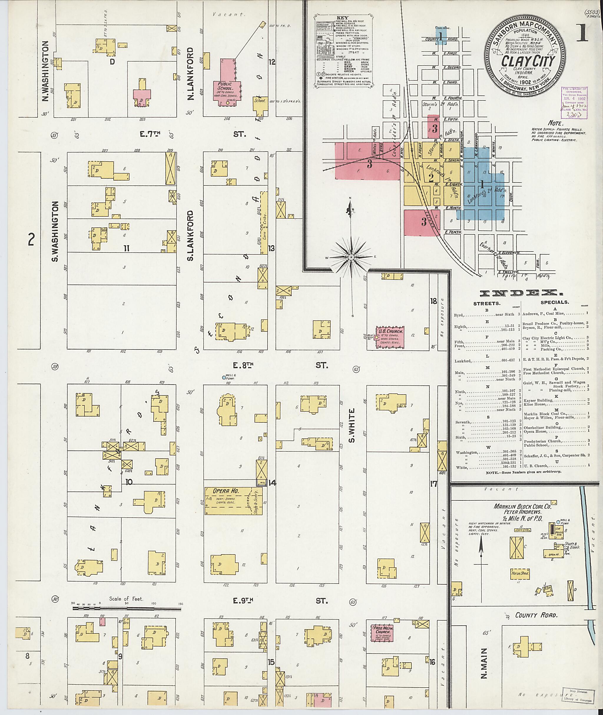 This old map of Clay City, Clay County, Indiana was created by Sanborn Map Company in 1902