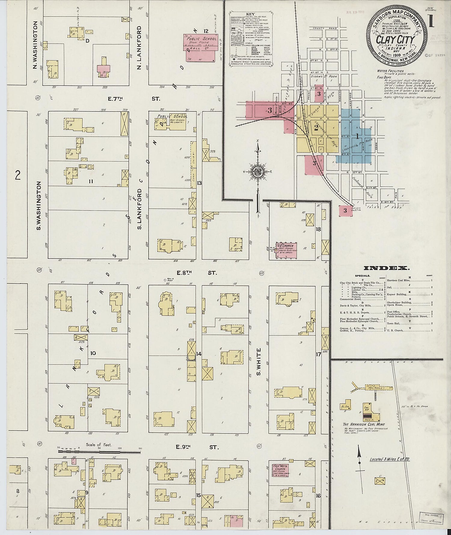 This old map of Clay City, Clay County, Indiana was created by Sanborn Map Company in 1910