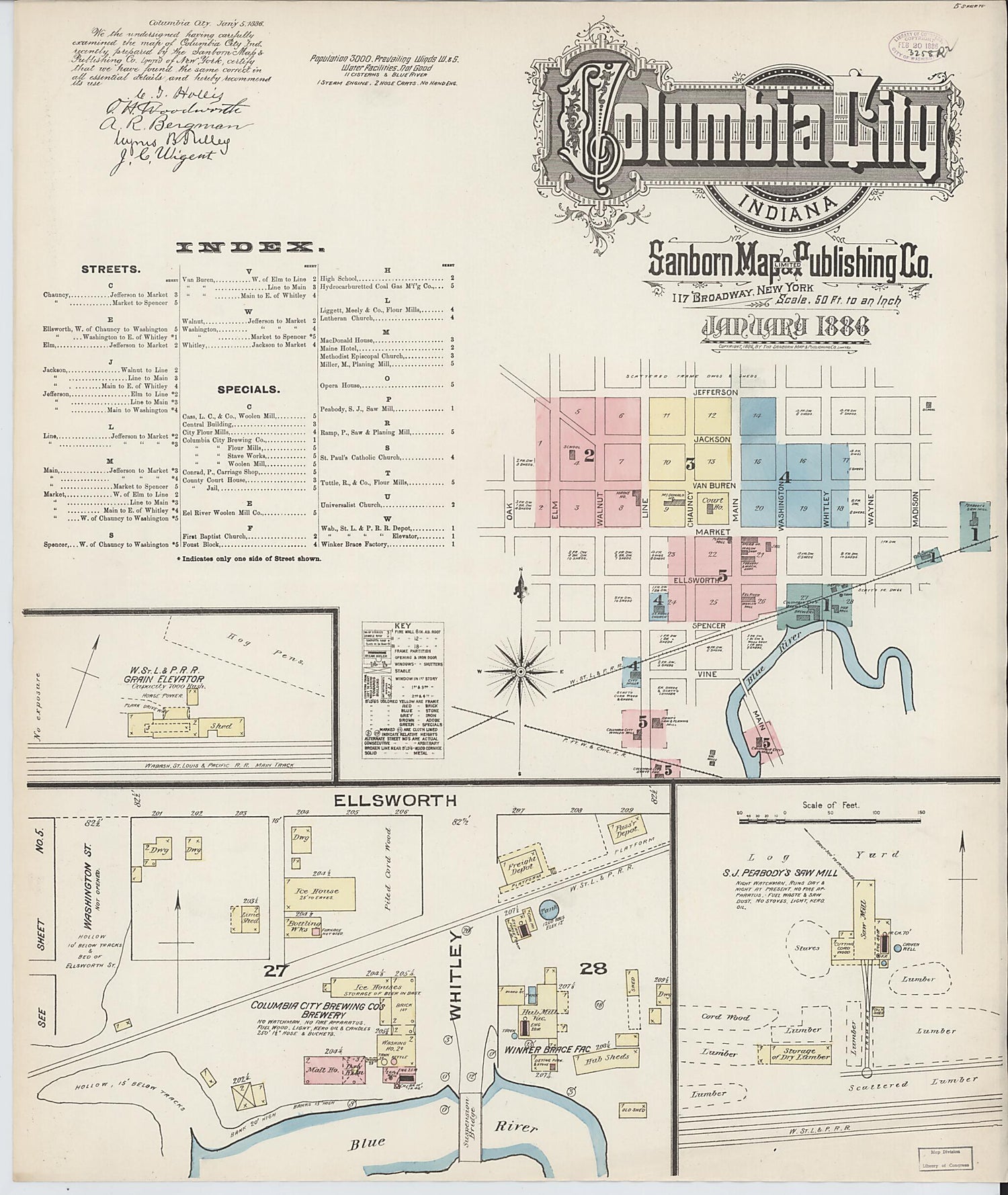 This old map of Columbia City, Whitley County, Indiana was created by Sanborn Map Company in 1886