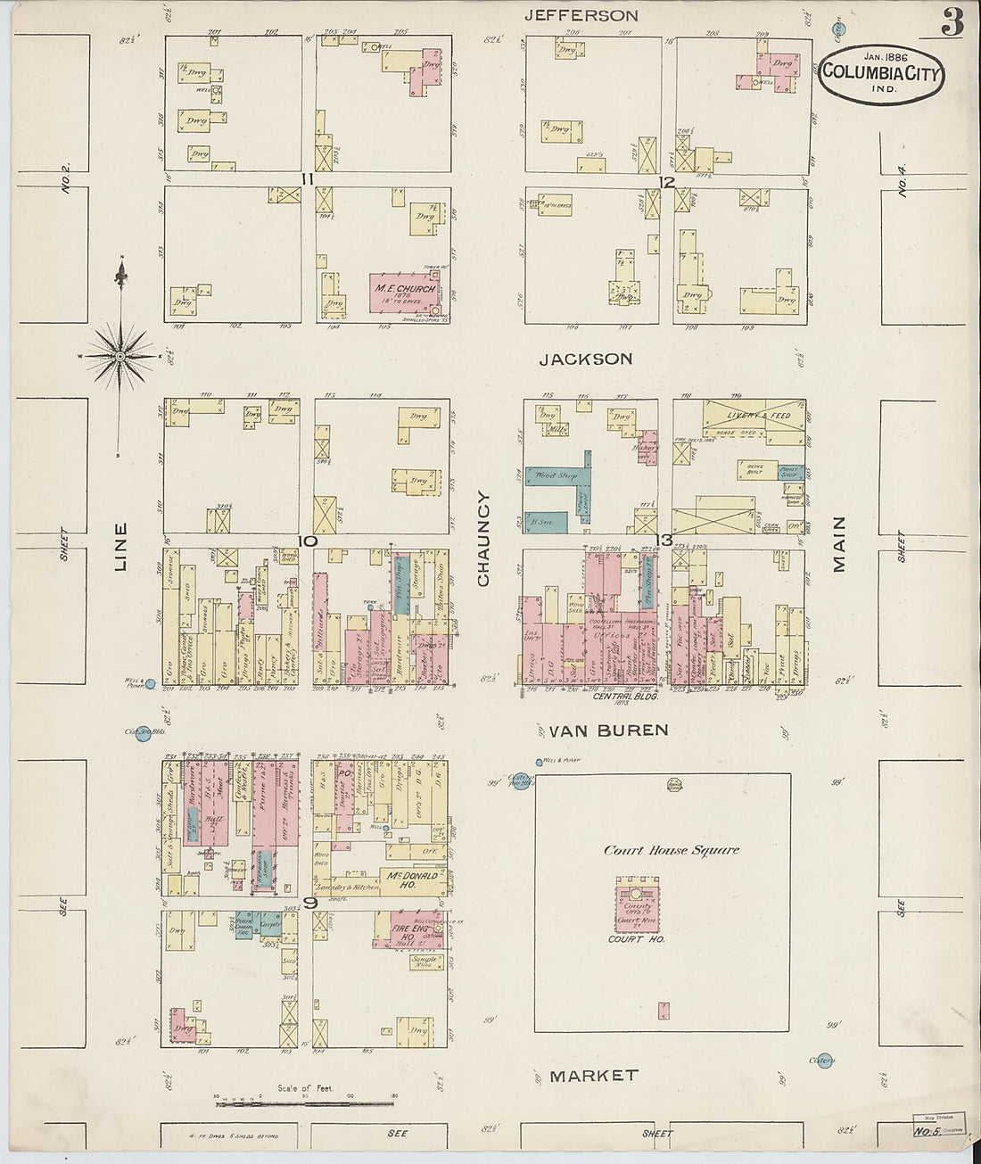 This old map of Columbia City, Whitley County, Indiana was created by Sanborn Map Company in 1886