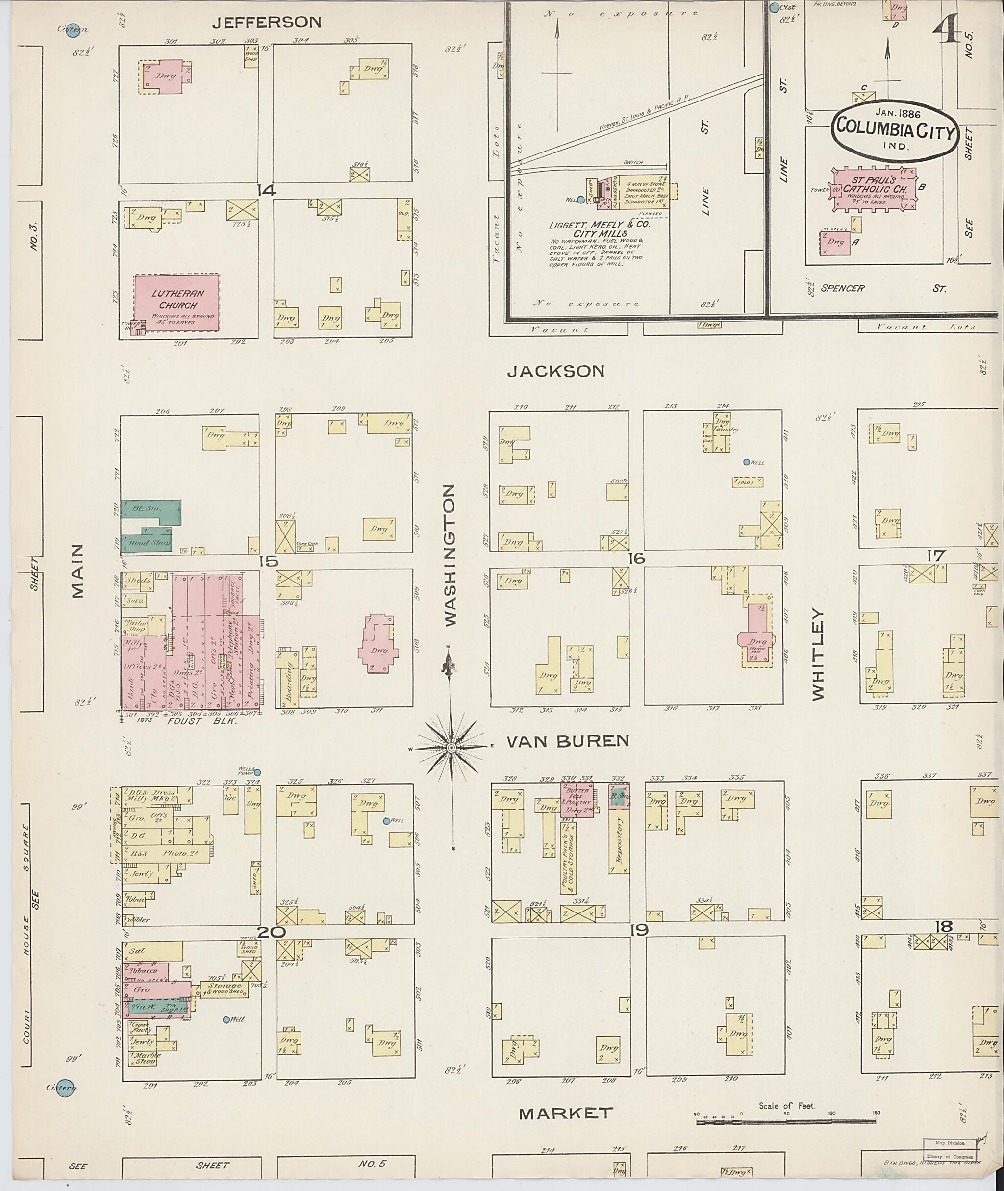 This old map of Columbia City, Whitley County, Indiana was created by Sanborn Map Company in 1886