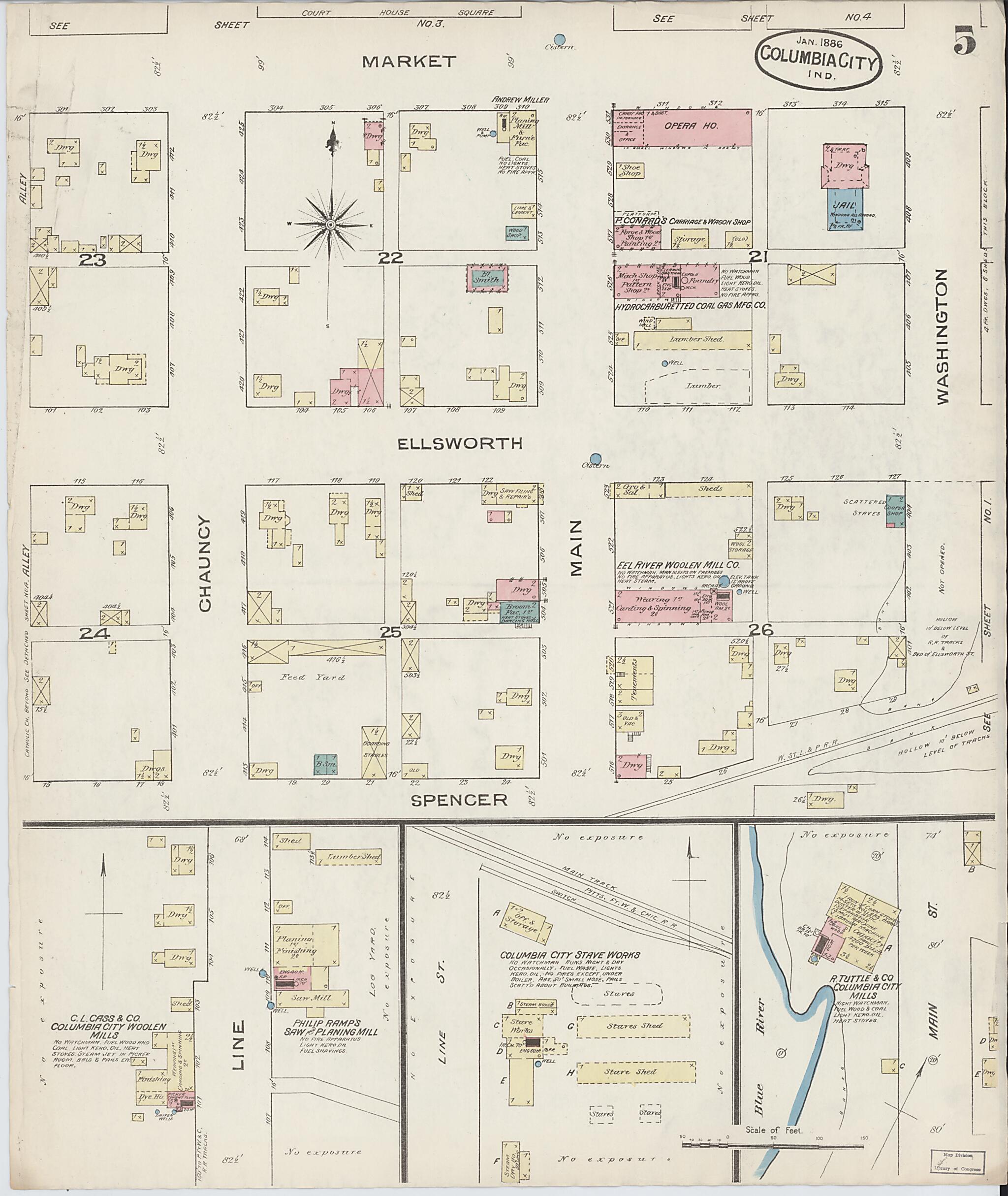 This old map of Columbia City, Whitley County, Indiana was created by Sanborn Map Company in 1886