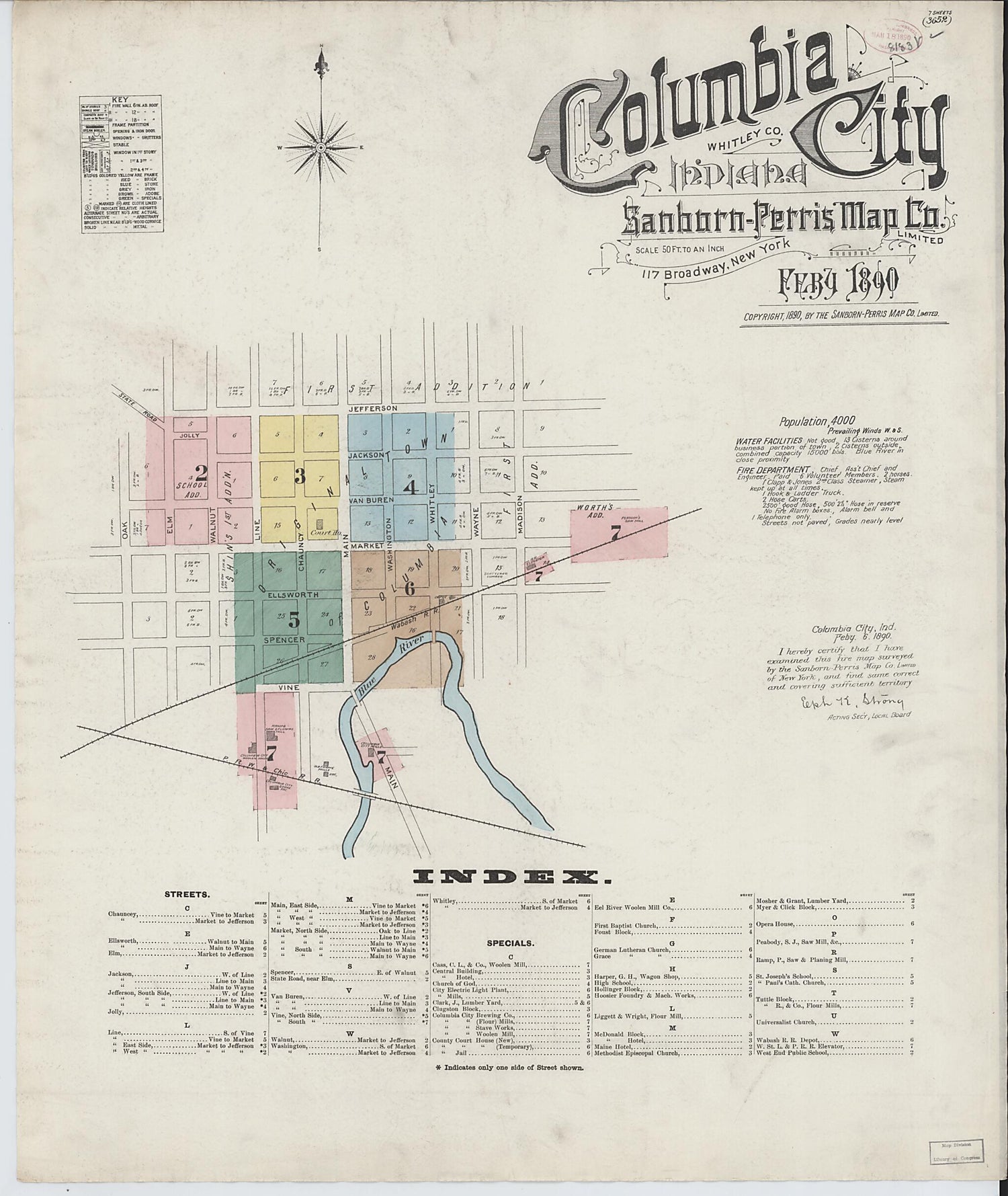 This old map of Columbia City, Whitley County, Indiana was created by Sanborn Map Company in 1890