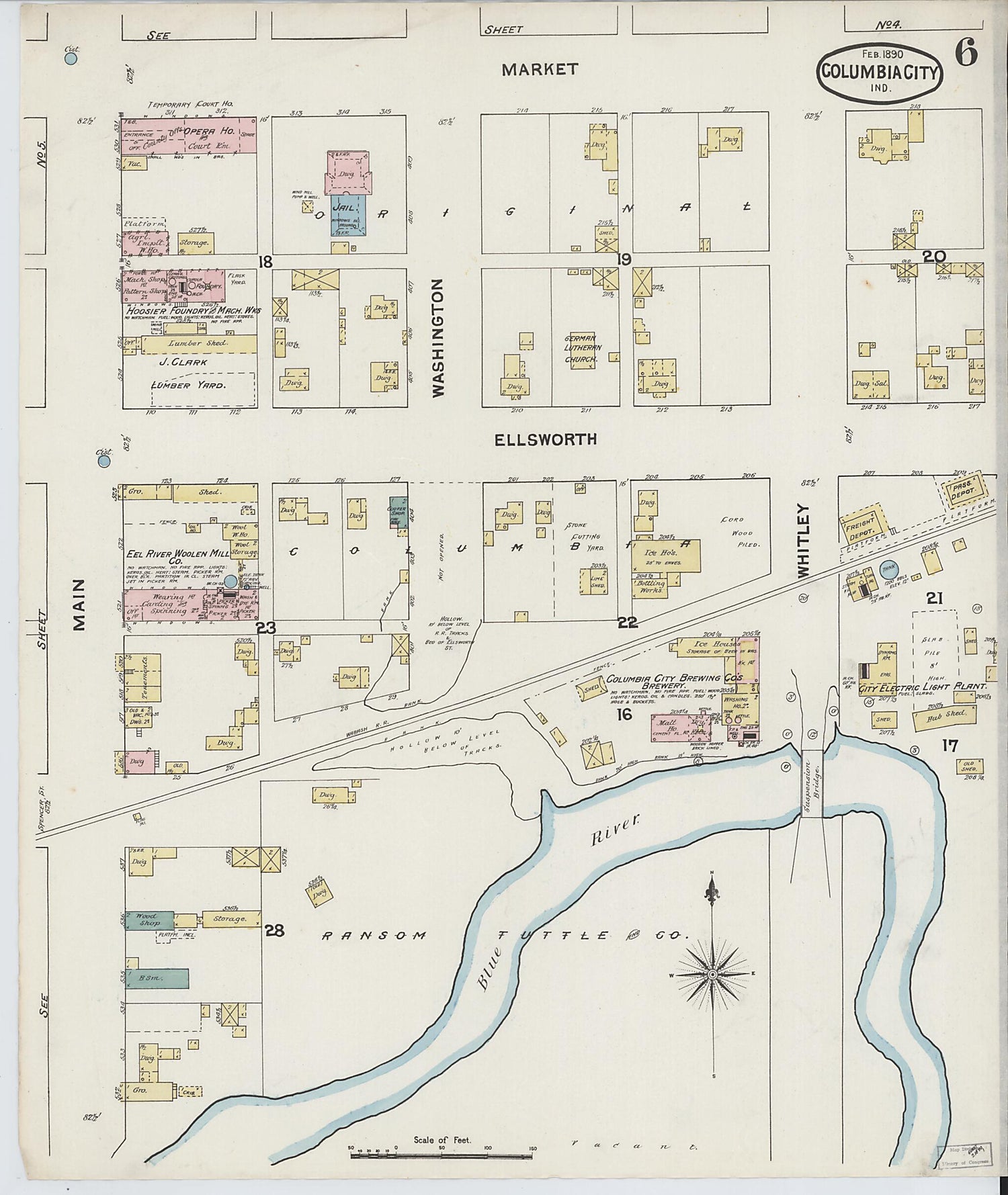 This old map of Columbia City, Whitley County, Indiana was created by Sanborn Map Company in 1890