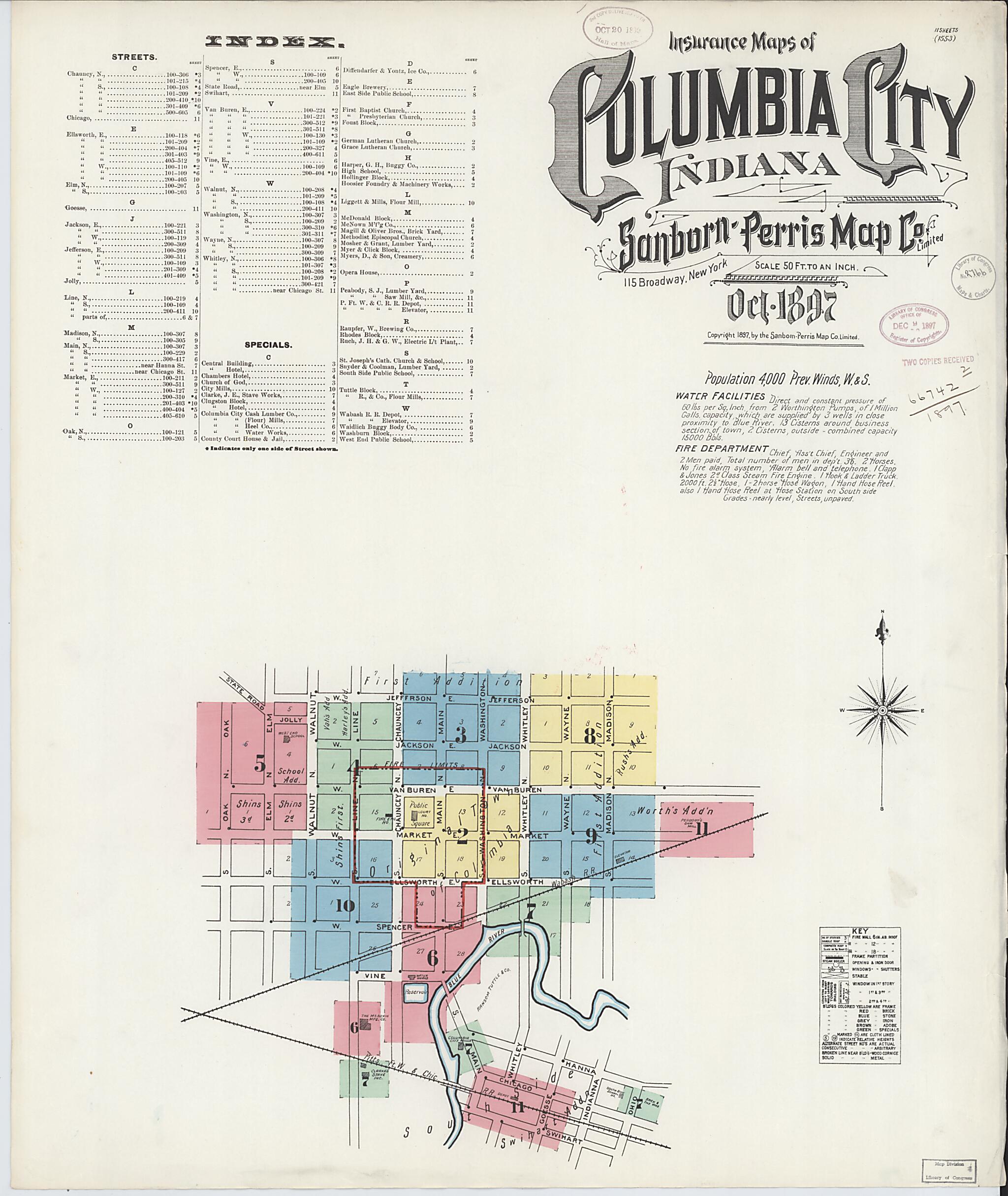 This old map of Columbia City, Whitley County, Indiana was created by Sanborn Map Company in 1897