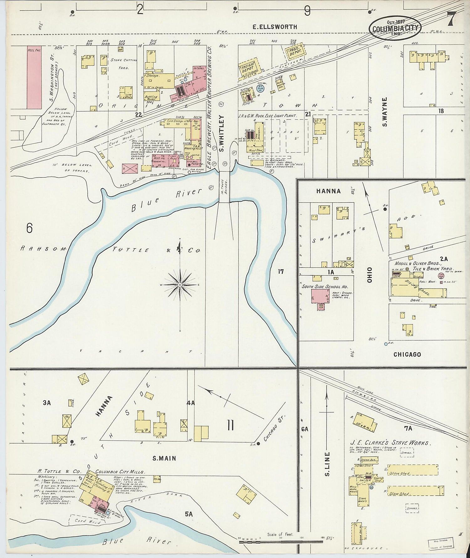 This old map of Columbia City, Whitley County, Indiana was created by Sanborn Map Company in 1897