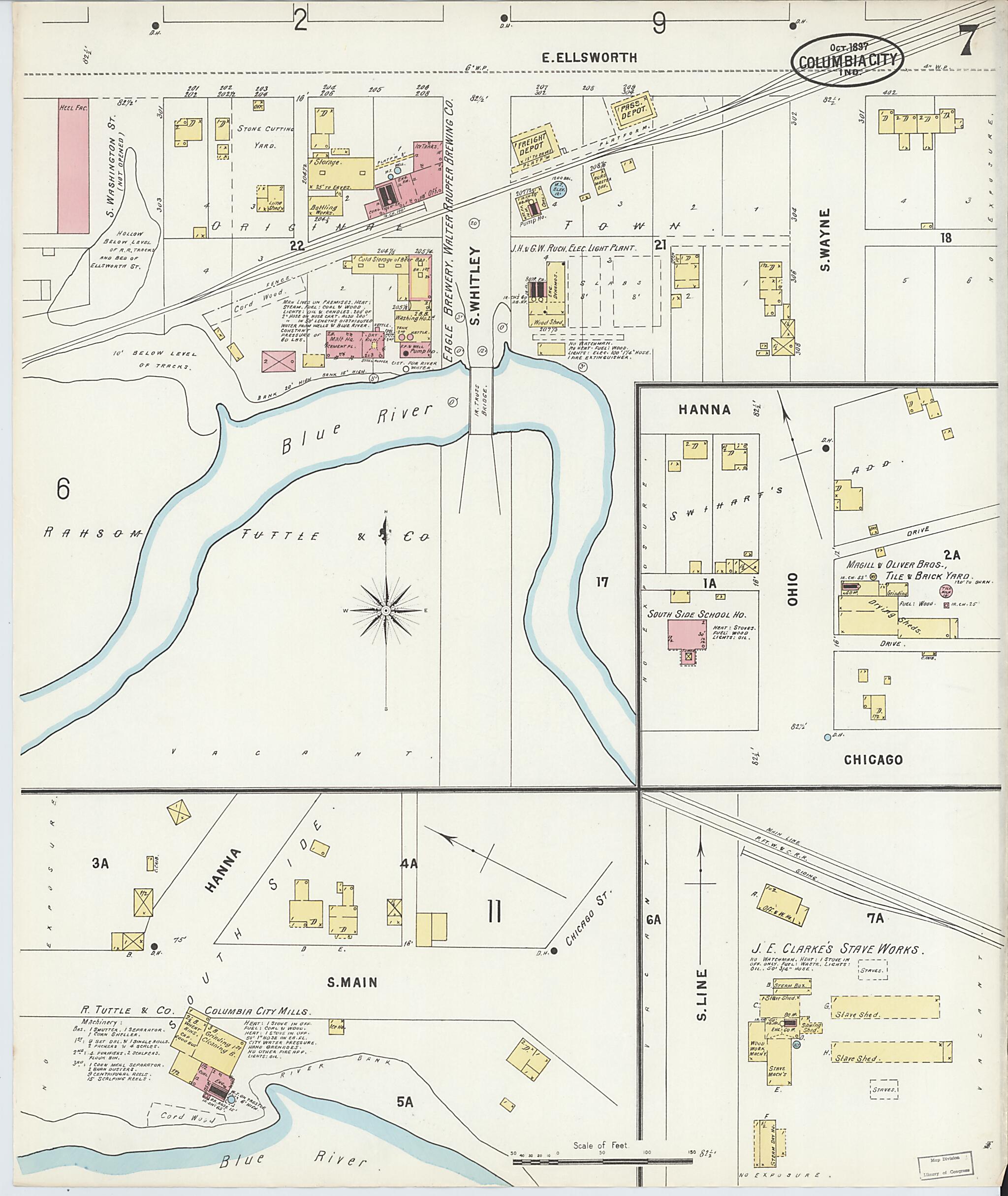 This old map of Columbia City, Whitley County, Indiana was created by Sanborn Map Company in 1897