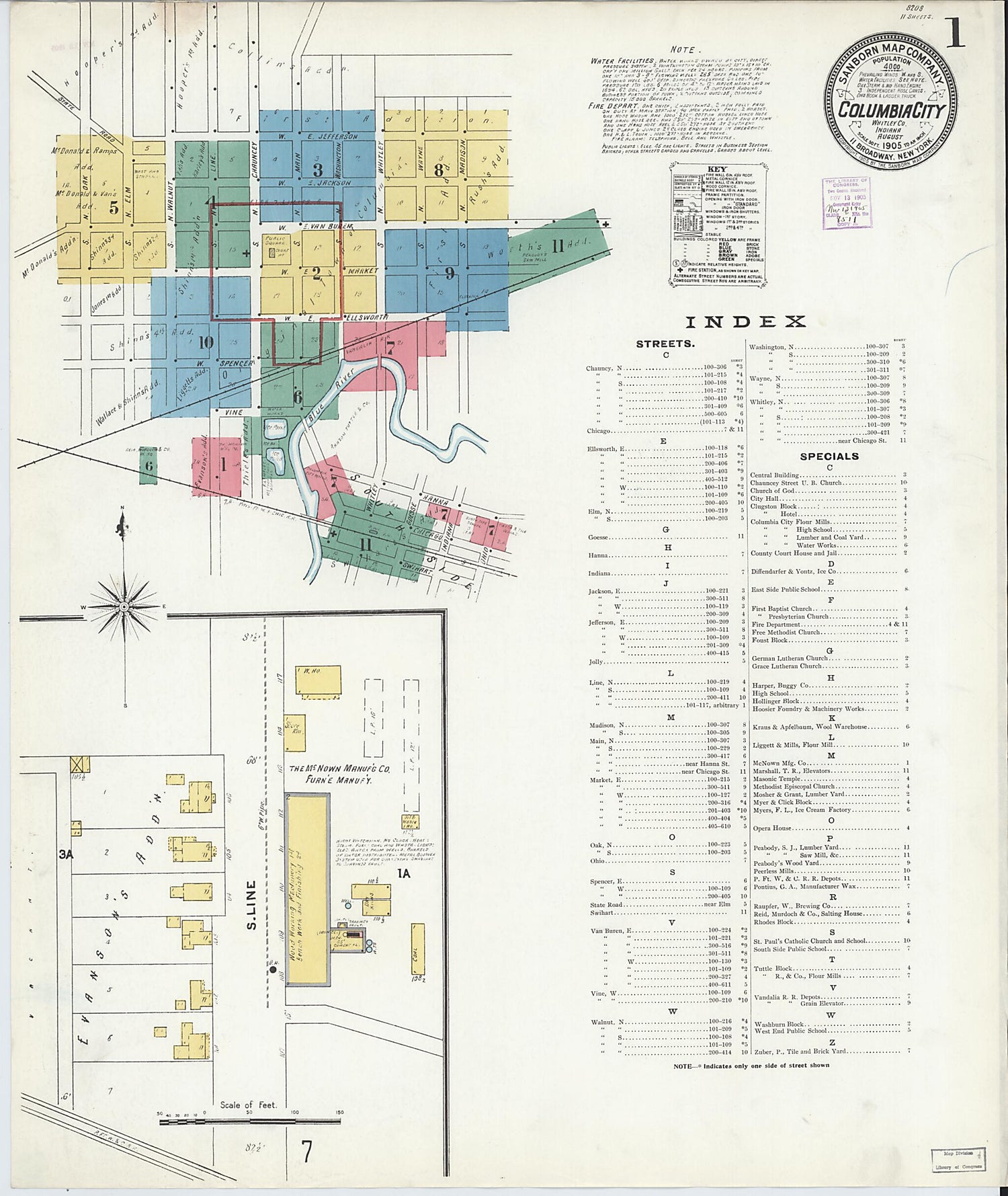 This old map of Columbia City, Whitley County, Indiana was created by Sanborn Map Company in 1905