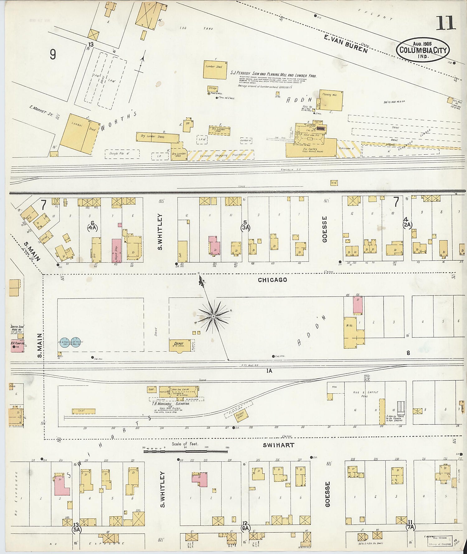 This old map of Columbia City, Whitley County, Indiana was created by Sanborn Map Company in 1905