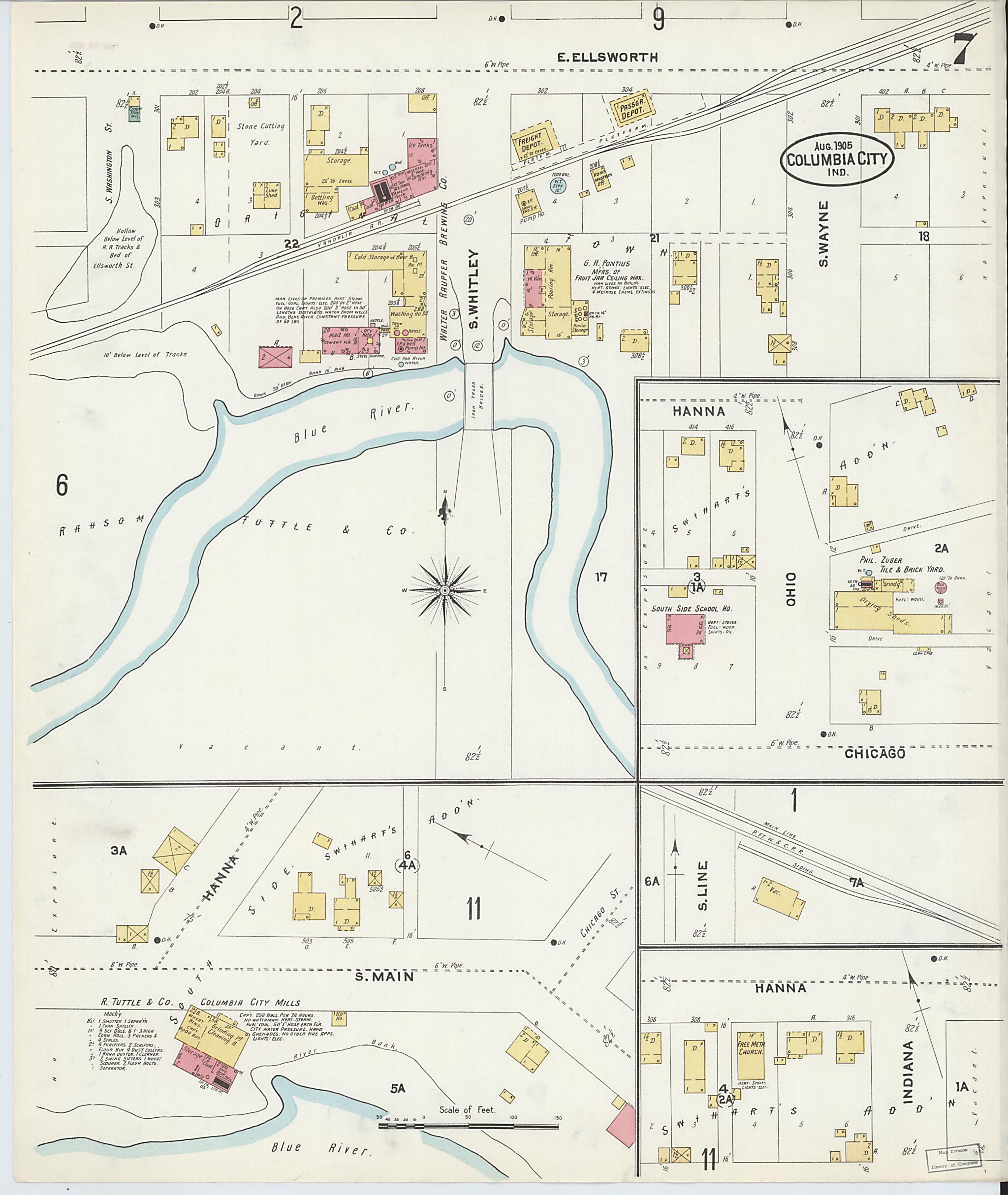 This old map of Columbia City, Whitley County, Indiana was created by Sanborn Map Company in 1905