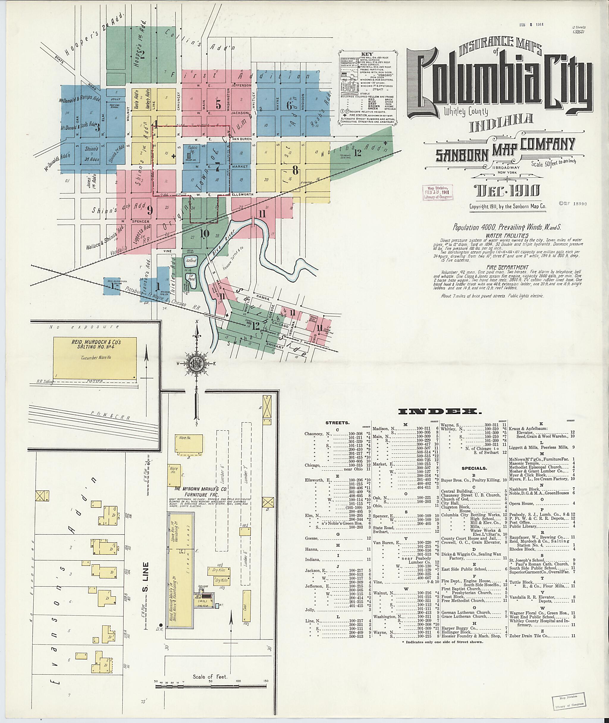 This old map of Columbia City, Whitley County, Indiana was created by Sanborn Map Company in 1910