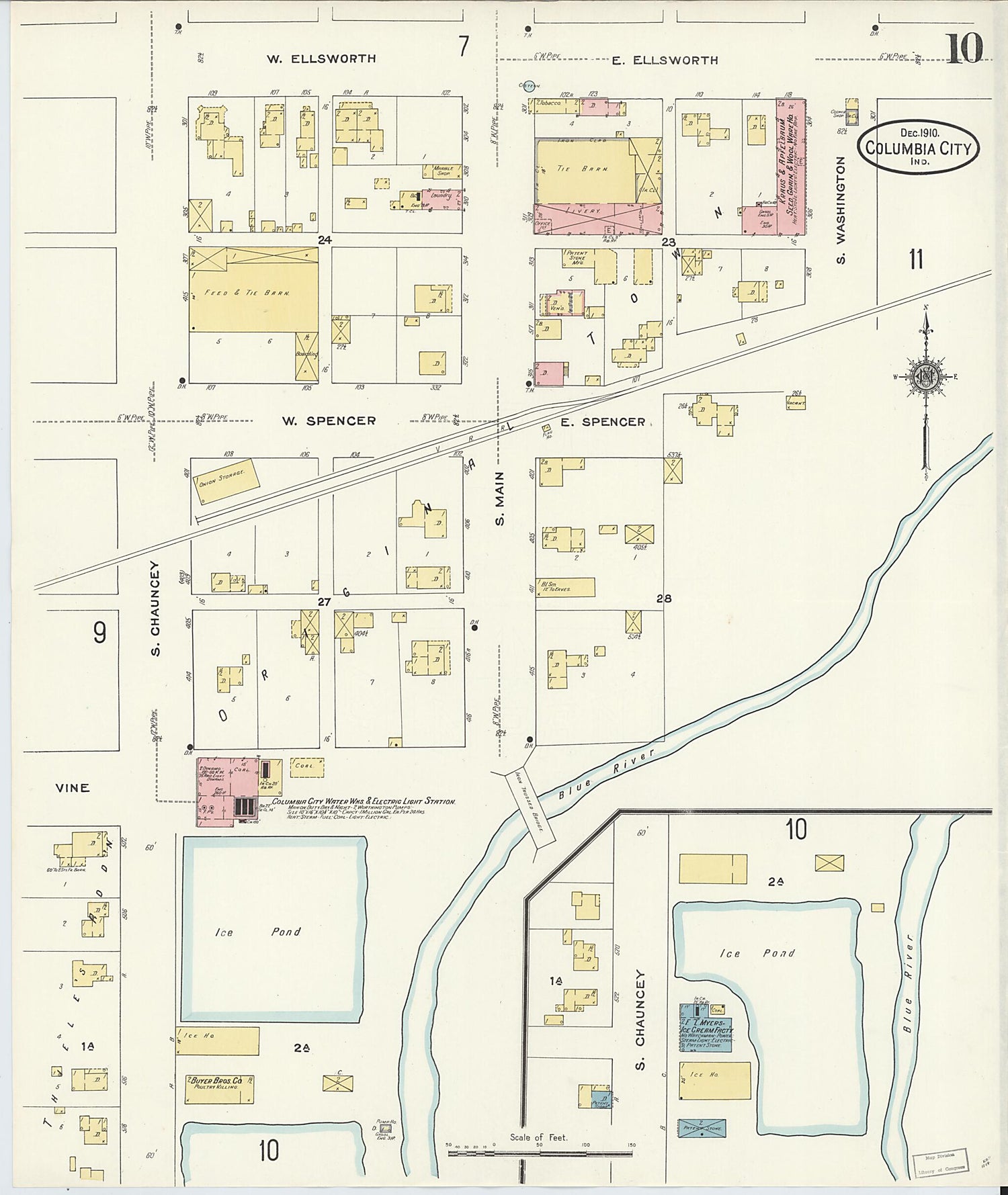 This old map of Columbia City, Whitley County, Indiana was created by Sanborn Map Company in 1910