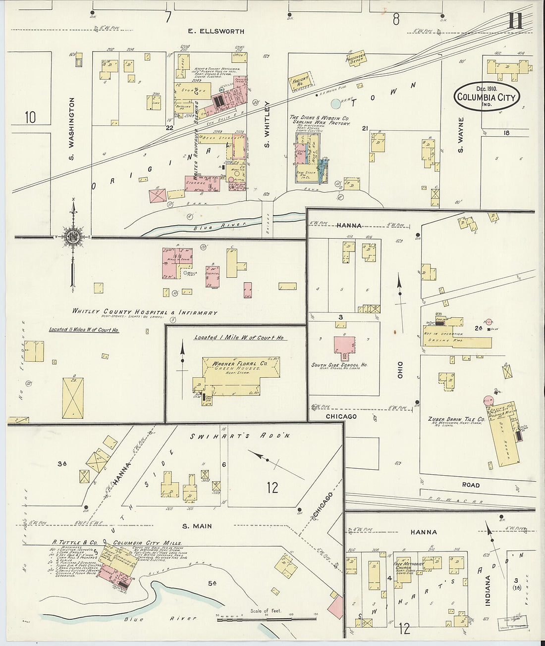 This old map of Columbia City, Whitley County, Indiana was created by Sanborn Map Company in 1910