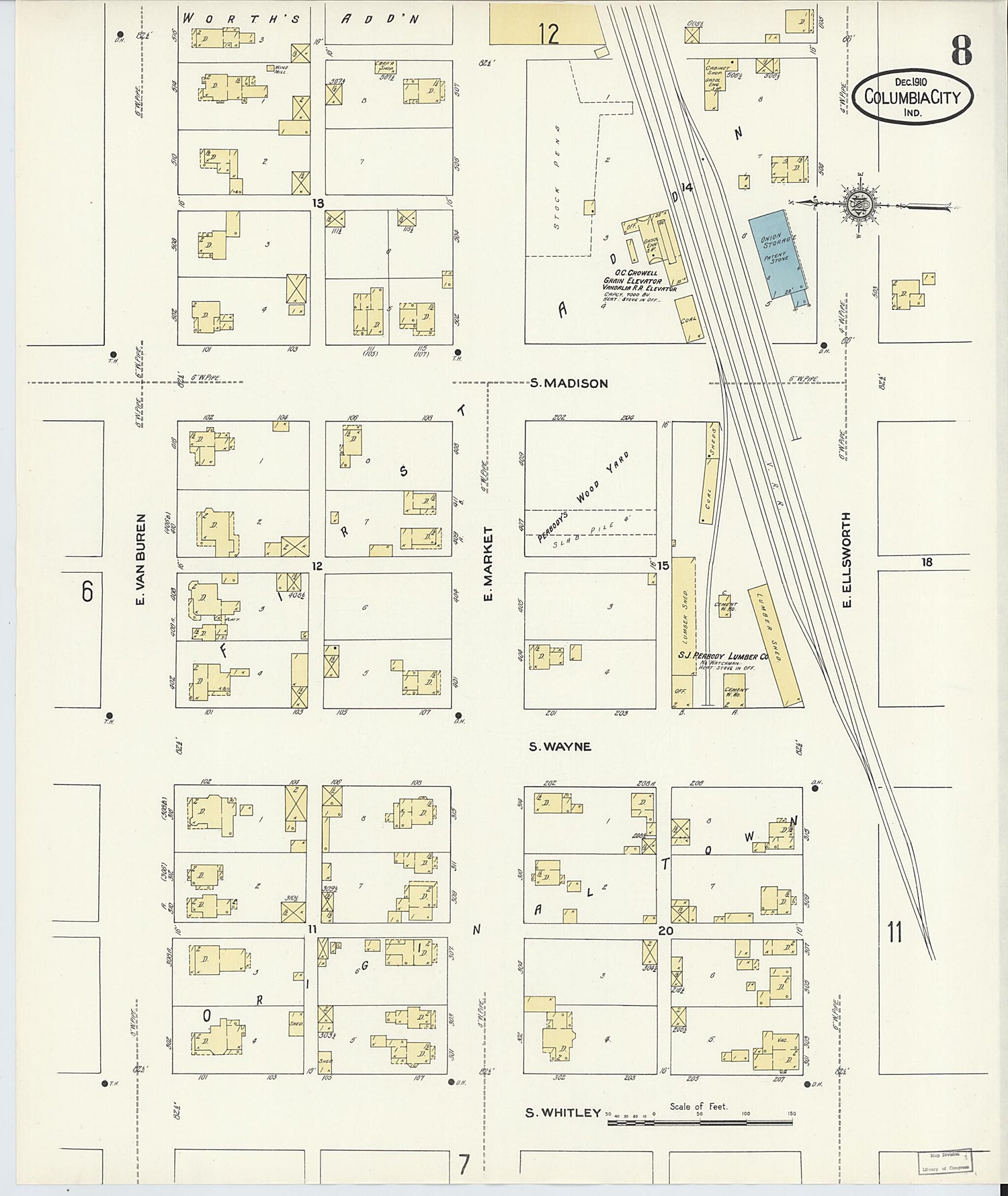 This old map of Columbia City, Whitley County, Indiana was created by Sanborn Map Company in 1910