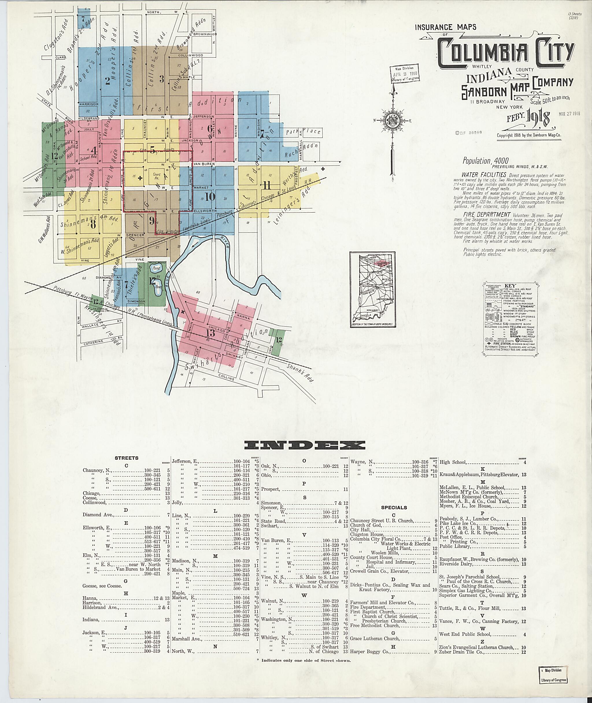 This old map of Columbia City, Whitley County, Indiana was created by Sanborn Map Company in 1918