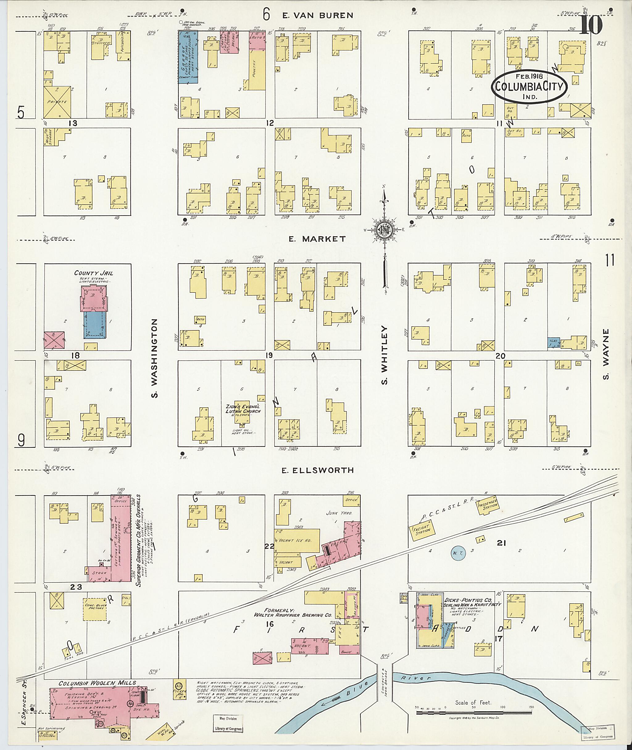 This old map of Columbia City, Whitley County, Indiana was created by Sanborn Map Company in 1918