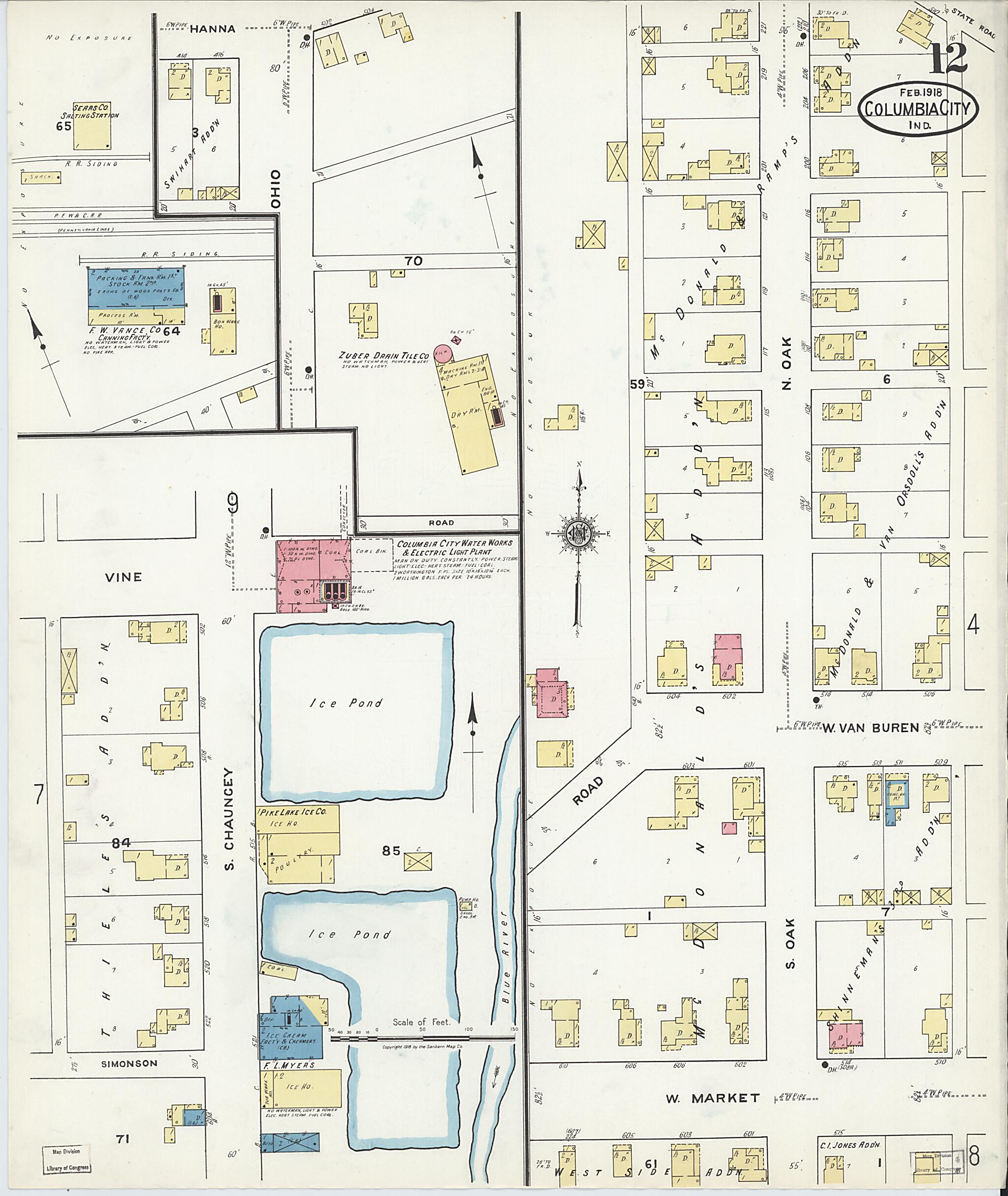 This old map of Columbia City, Whitley County, Indiana was created by Sanborn Map Company in 1918