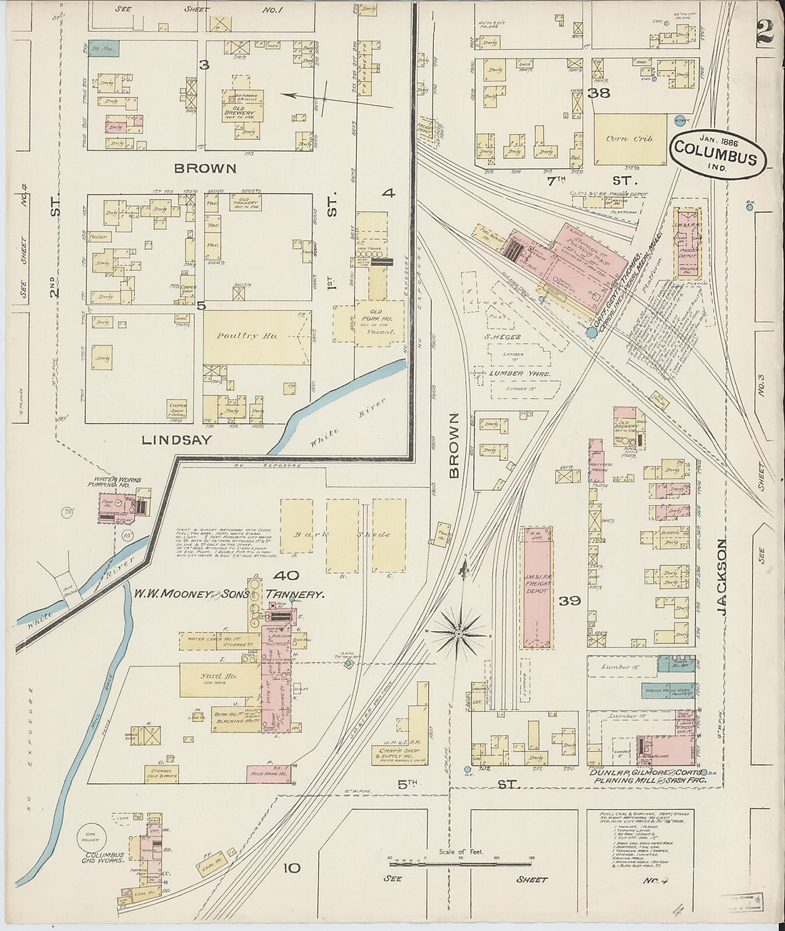 This old map of Columbus, Bartholomew County, Indiana was created by Sanborn Map Company in 1886