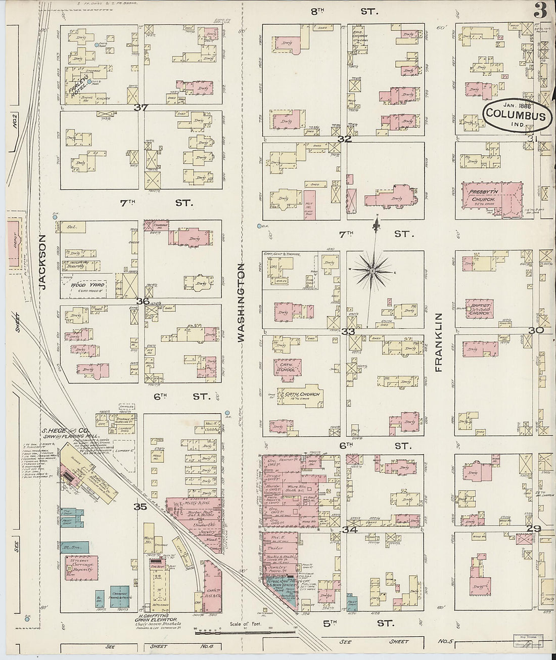 This old map of Columbus, Bartholomew County, Indiana was created by Sanborn Map Company in 1886