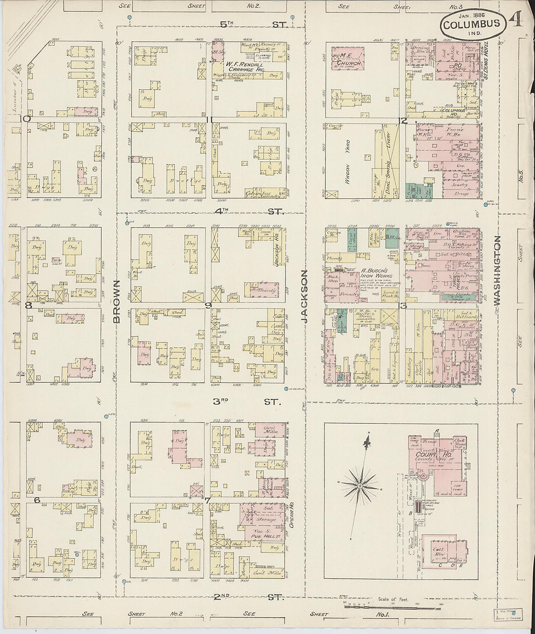 This old map of Columbus, Bartholomew County, Indiana was created by Sanborn Map Company in 1886