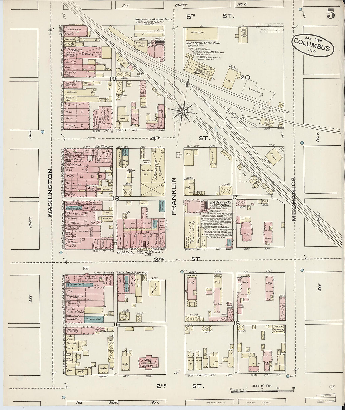 This old map of Columbus, Bartholomew County, Indiana was created by Sanborn Map Company in 1886