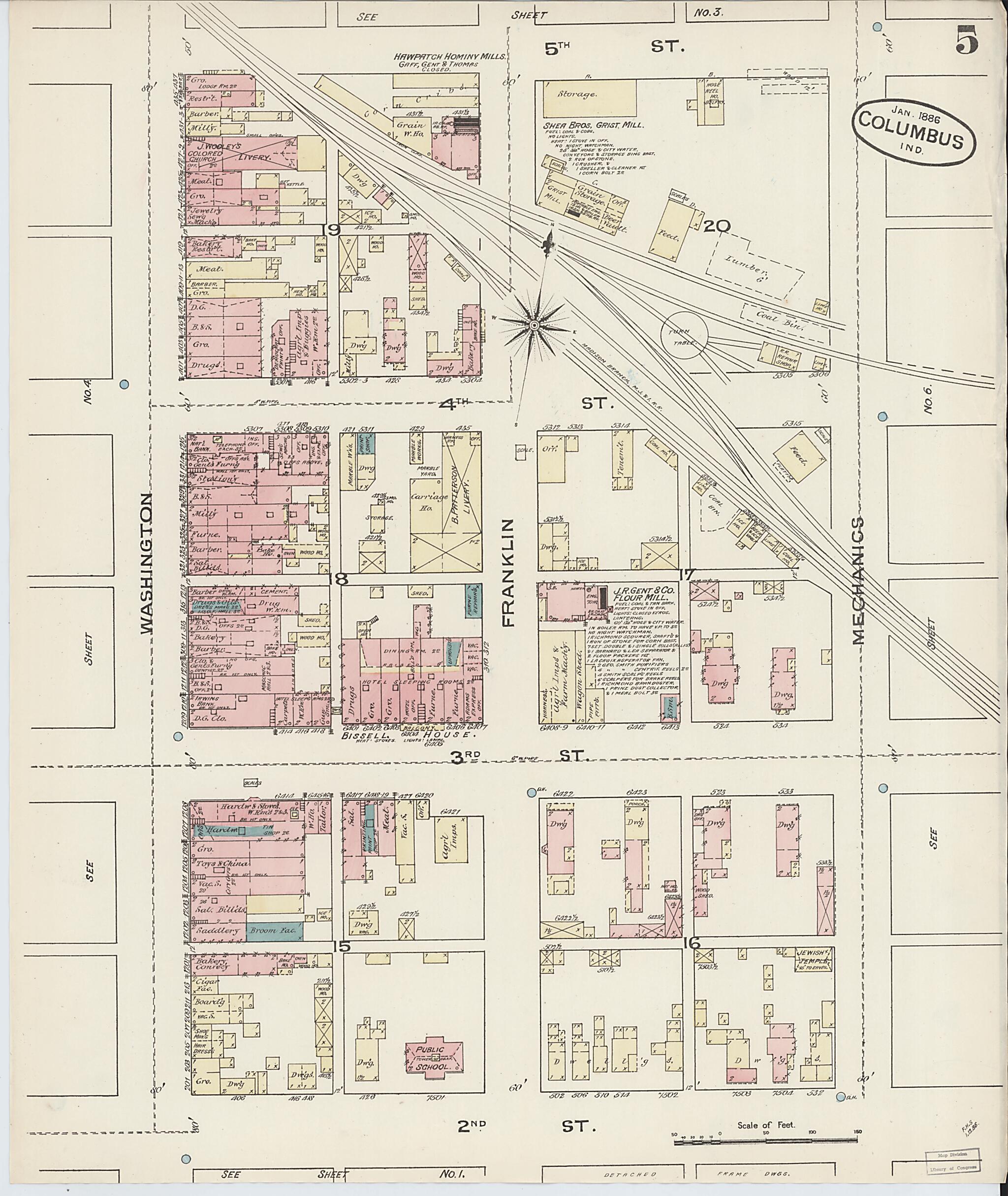 This old map of Columbus, Bartholomew County, Indiana was created by Sanborn Map Company in 1886