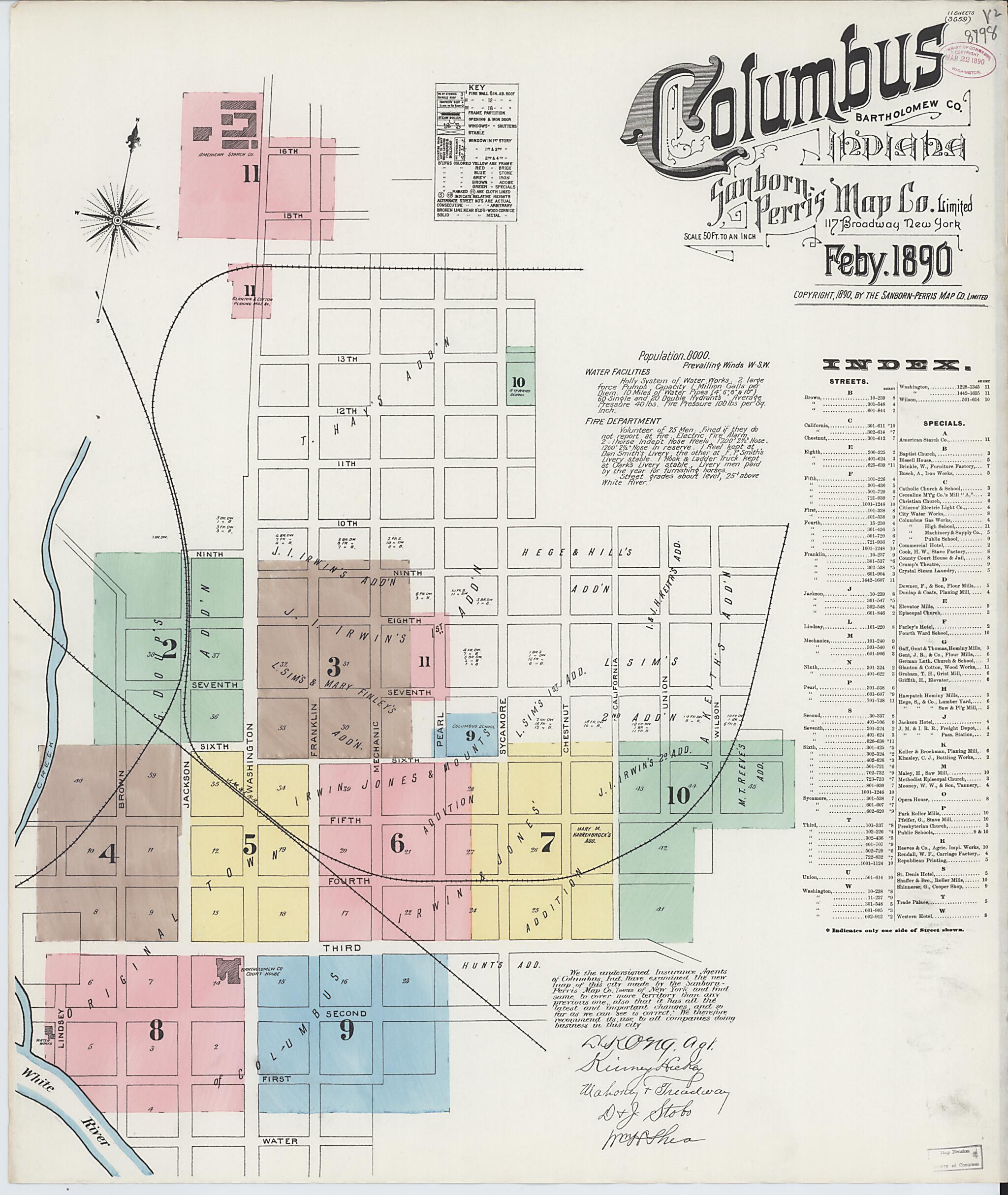 This old map of Columbus, Bartholomew County, Indiana was created by Sanborn Map Company in 1890