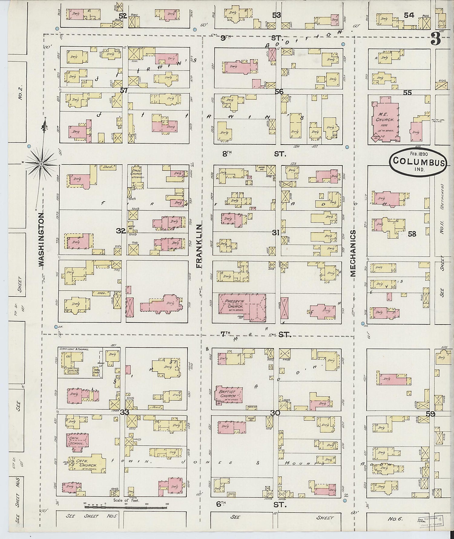 This old map of Columbus, Bartholomew County, Indiana was created by Sanborn Map Company in 1890