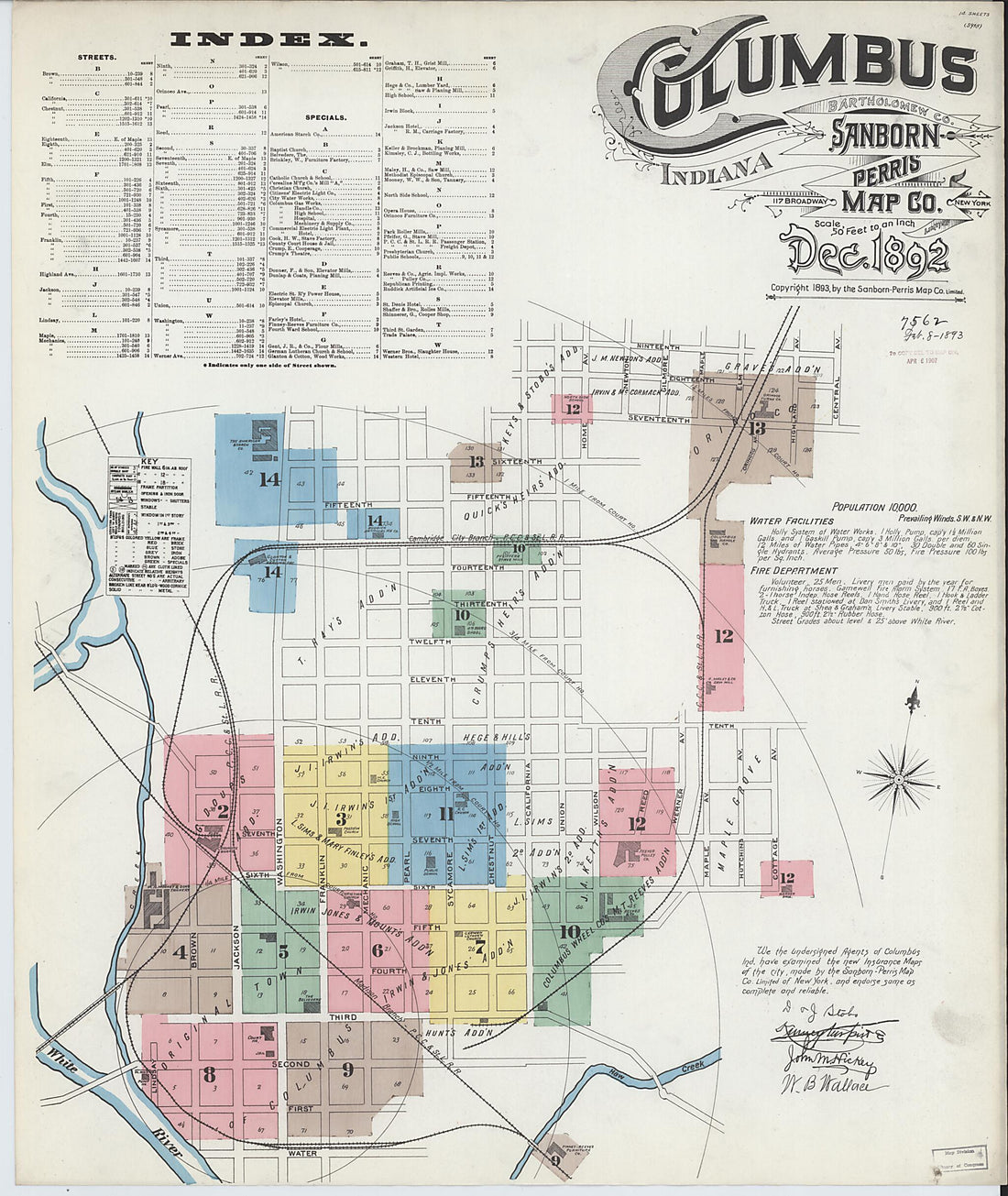 This old map of Columbus, Bartholomew County, Indiana was created by Sanborn Map Company in 1892