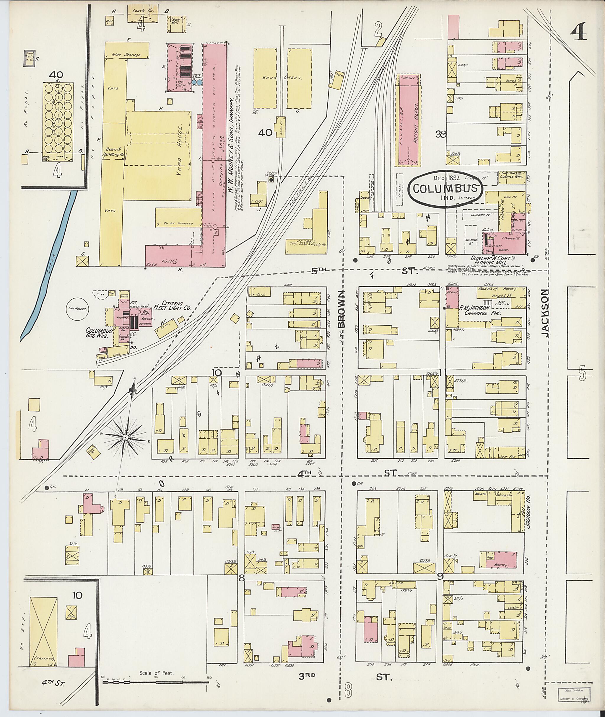 This old map of Columbus, Bartholomew County, Indiana was created by Sanborn Map Company in 1892