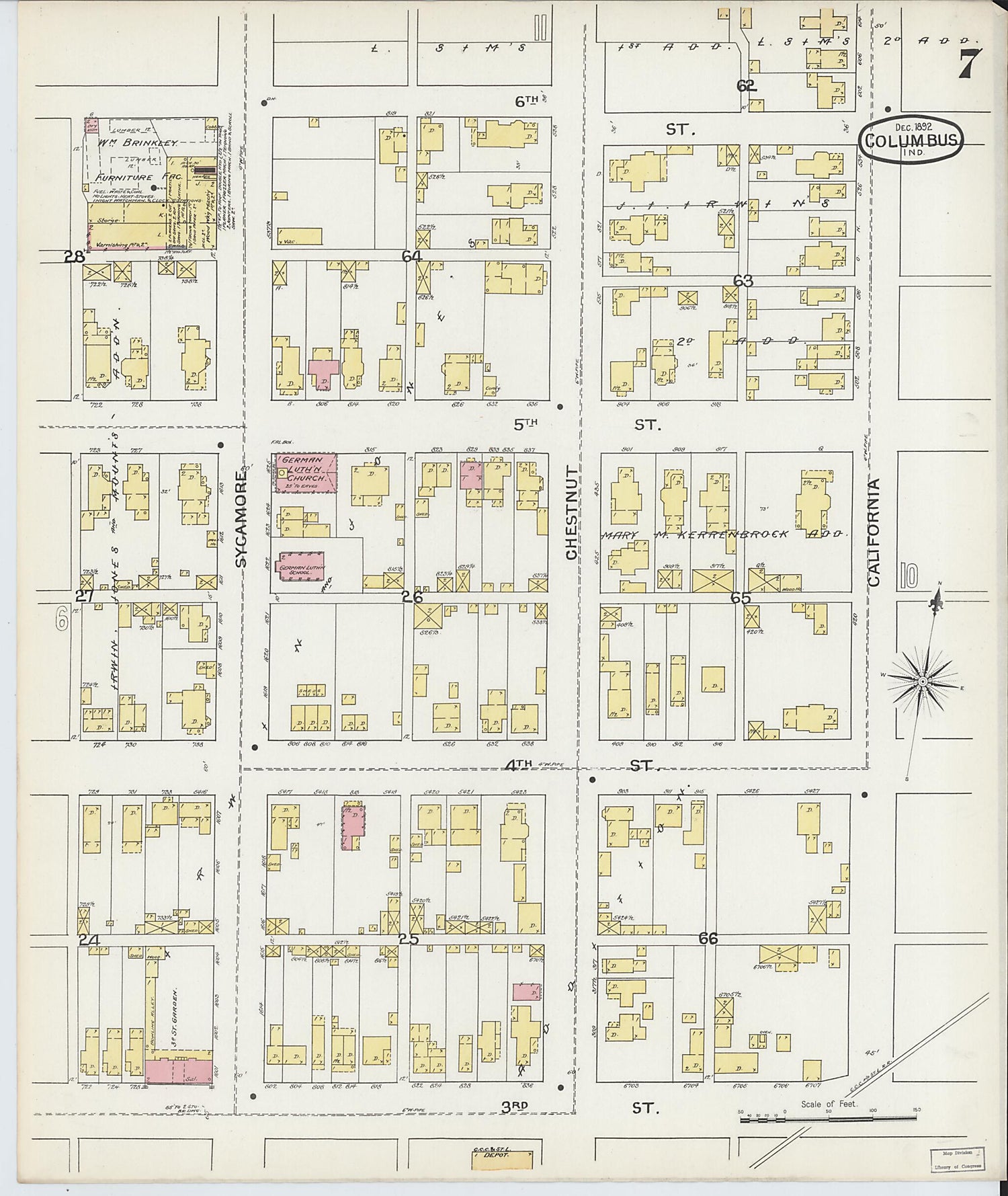 This old map of Columbus, Bartholomew County, Indiana was created by Sanborn Map Company in 1892