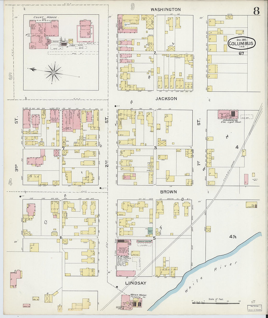 This old map of Columbus, Bartholomew County, Indiana was created by Sanborn Map Company in 1892