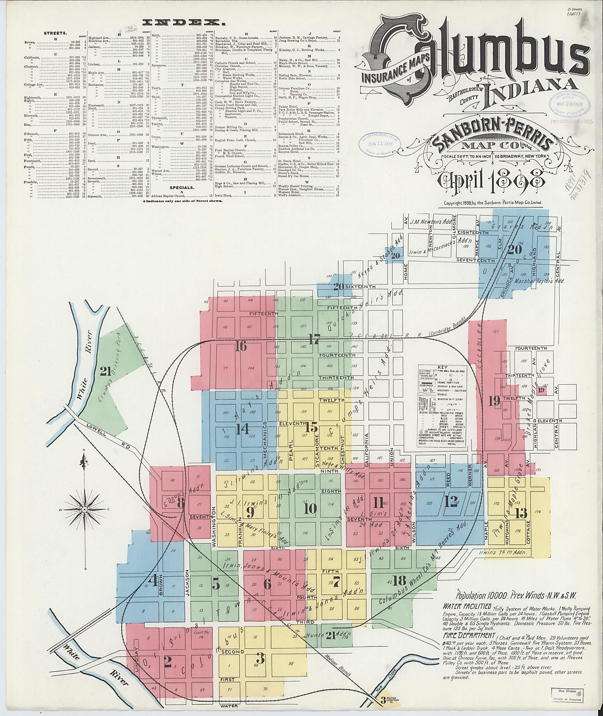 This old map of Columbus, Bartholomew County, Indiana was created by Sanborn Map Company in 1898