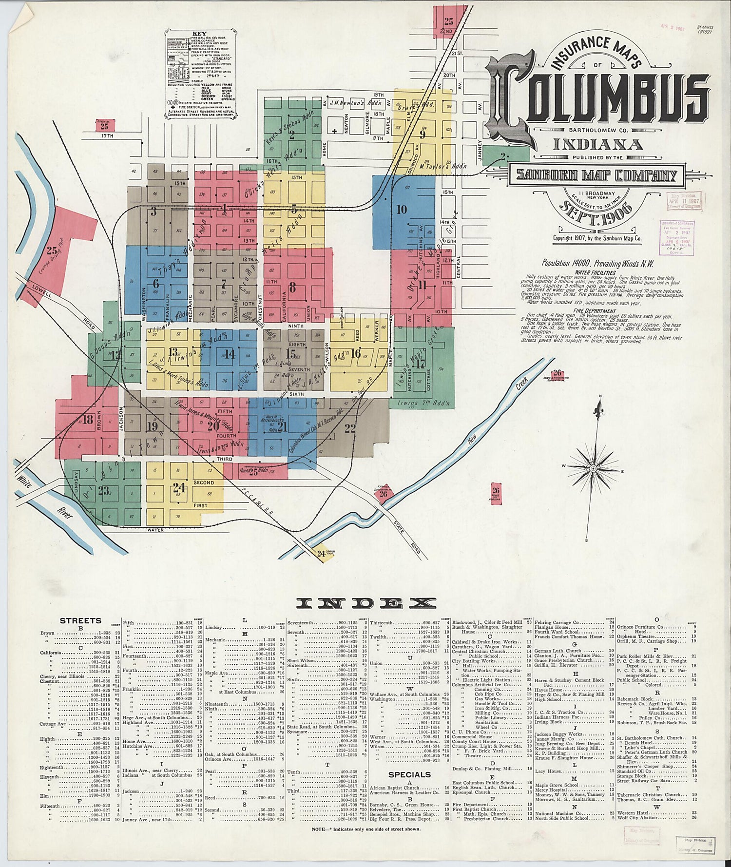 This old map of Columbus, Bartholomew County, Indiana was created by Sanborn Map Company in 1906